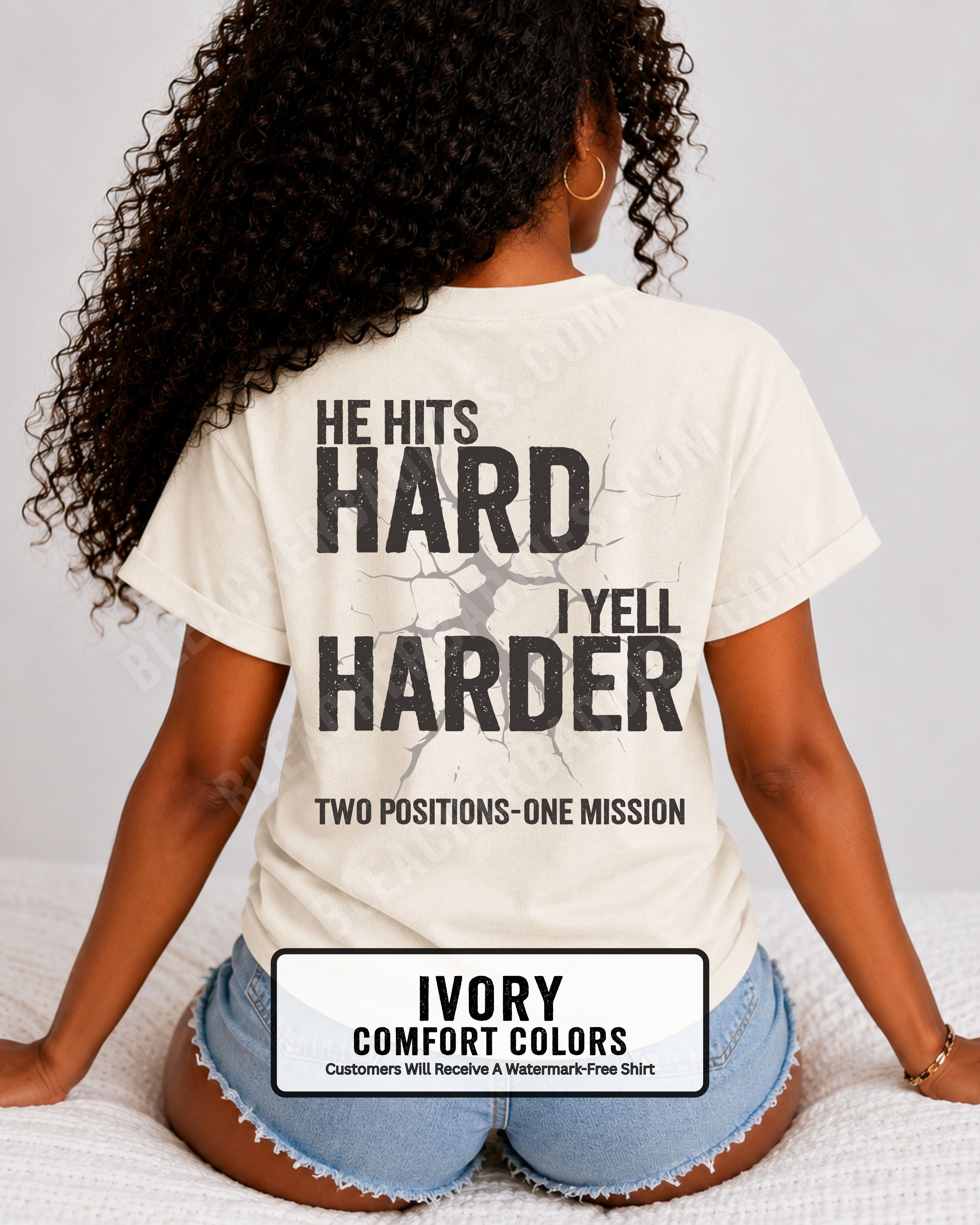 Back view of an ivory Comfort Colors t-shirt featuring the distressed "He Hits Hard I Yell Harder" football design with "Two Positions One Mission" printed across the lower back. Football mom shirt.
