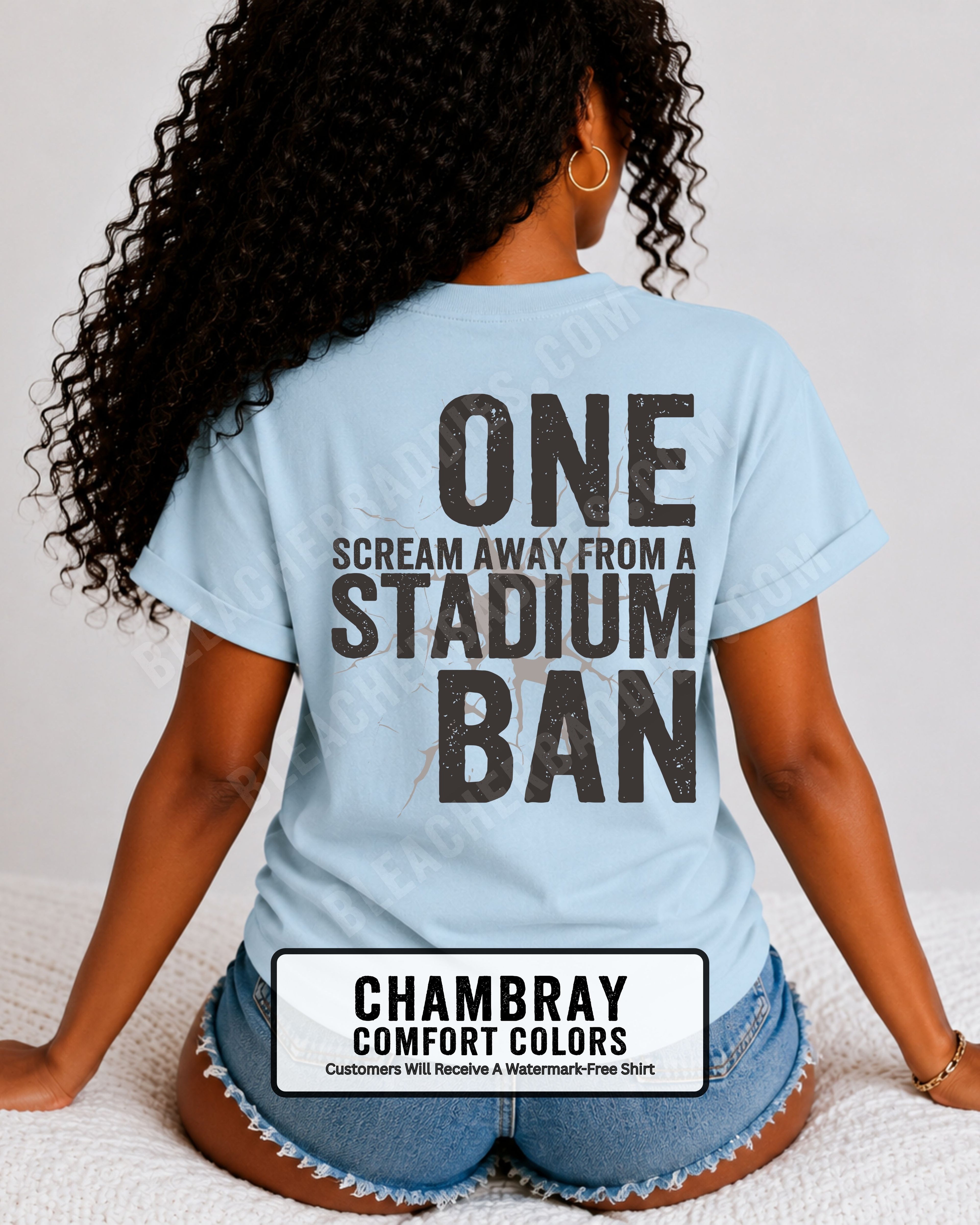 Woman wearing a chambray blue comfrot colors t-shirt with a large distressed black back graphic that reads “One Scream Away From a Stadium Ban” with a cracked texture effect across the design. Football mom shirt. Loud sports mom shirt.