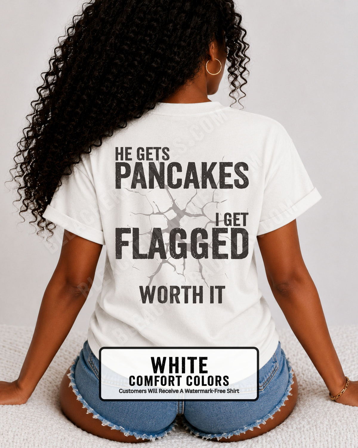 Football mom game day comfort colors t- shirt in white with back design that reads “He gets pancakes I get flagged worth it” in distressed black text with cracked graphic