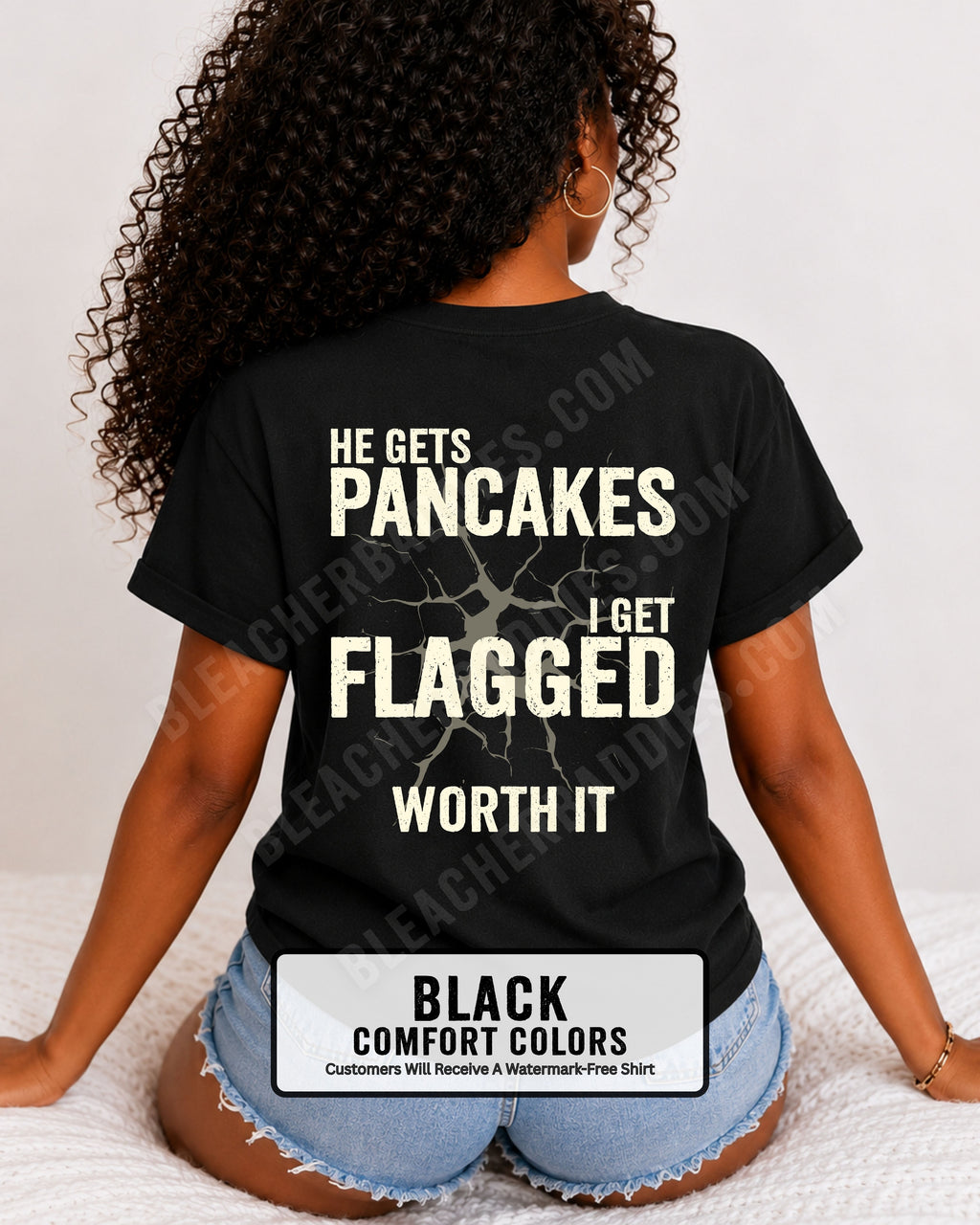 Football mom game day comfort colors t- shirt in black with back design that reads “He gets pancakes I get flagged worth it” in distressed black text with cracked graphic