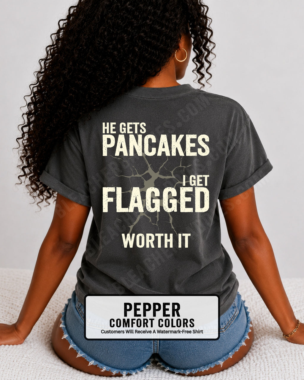 Football mom game day comfort colors t- shirt in pepper with back design that reads “He gets pancakes I get flagged worth it” in distressed black text with cracked graphic