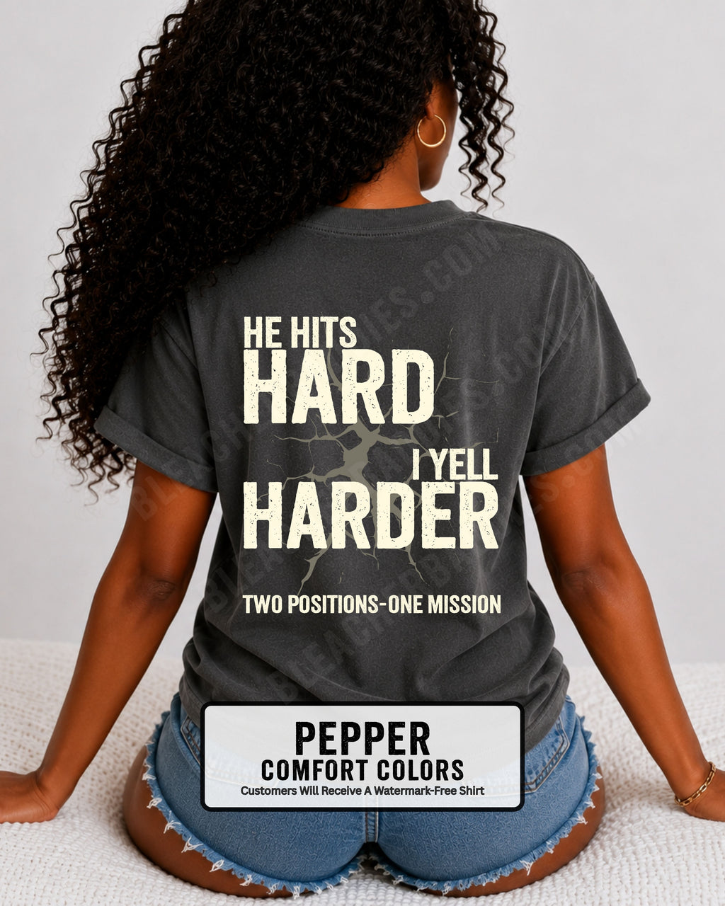 Back view of a pepper Comfort Colors t-shirt featuring the distressed "He Hits Hard I Yell Harder" football design with "Two Positions One Mission" printed across the lower back. Football mom shirt.