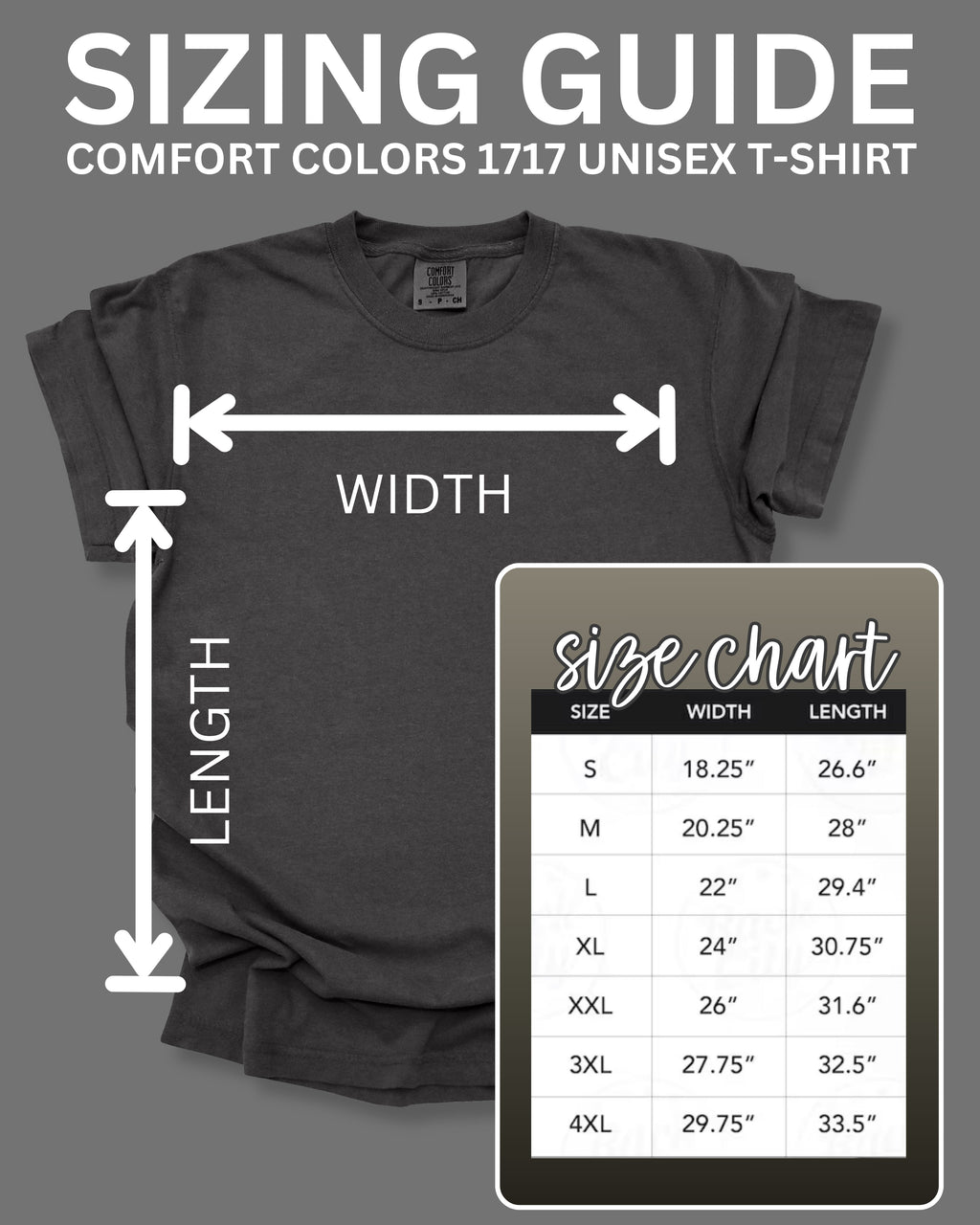 Sizing guide for a black t-shirt with measurements and a size chart on a gray background