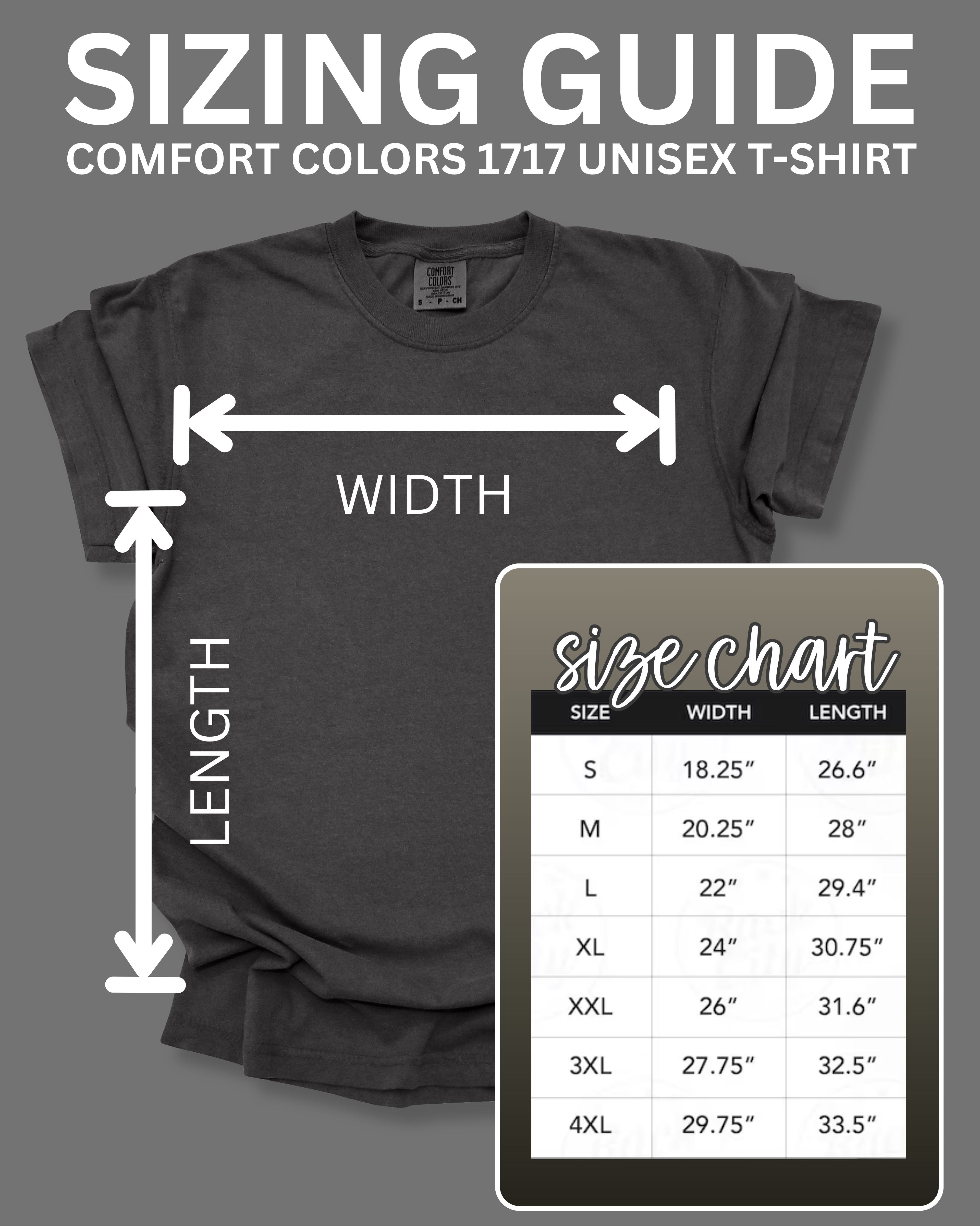 Sizing guide for a black t-shirt with measurements and a size chart on a gray background