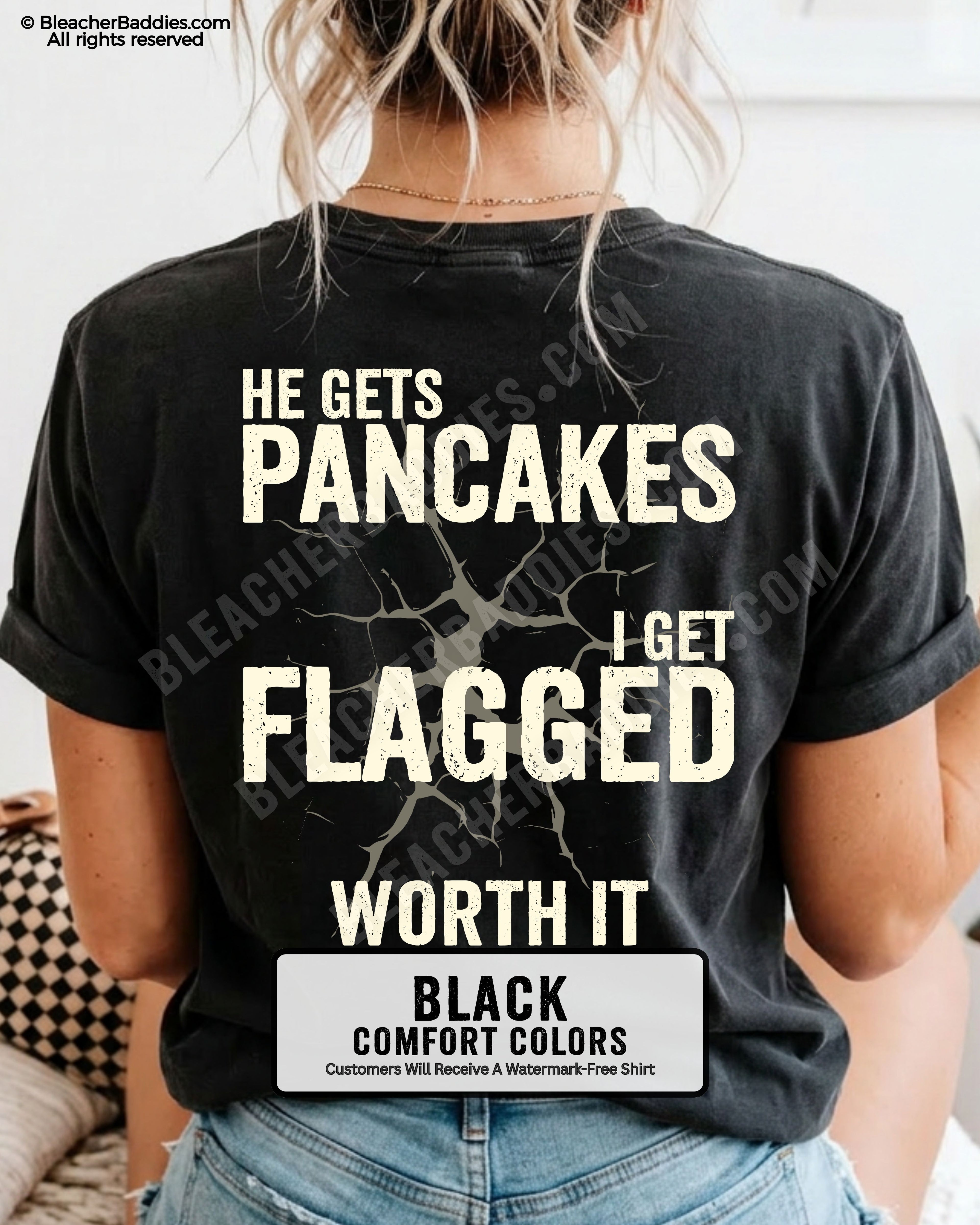 Football mom game day comfort colors shirt in black with back design that reads “He gets pancakes I get flagged worth it” in distressed cream text with cracked graphic
