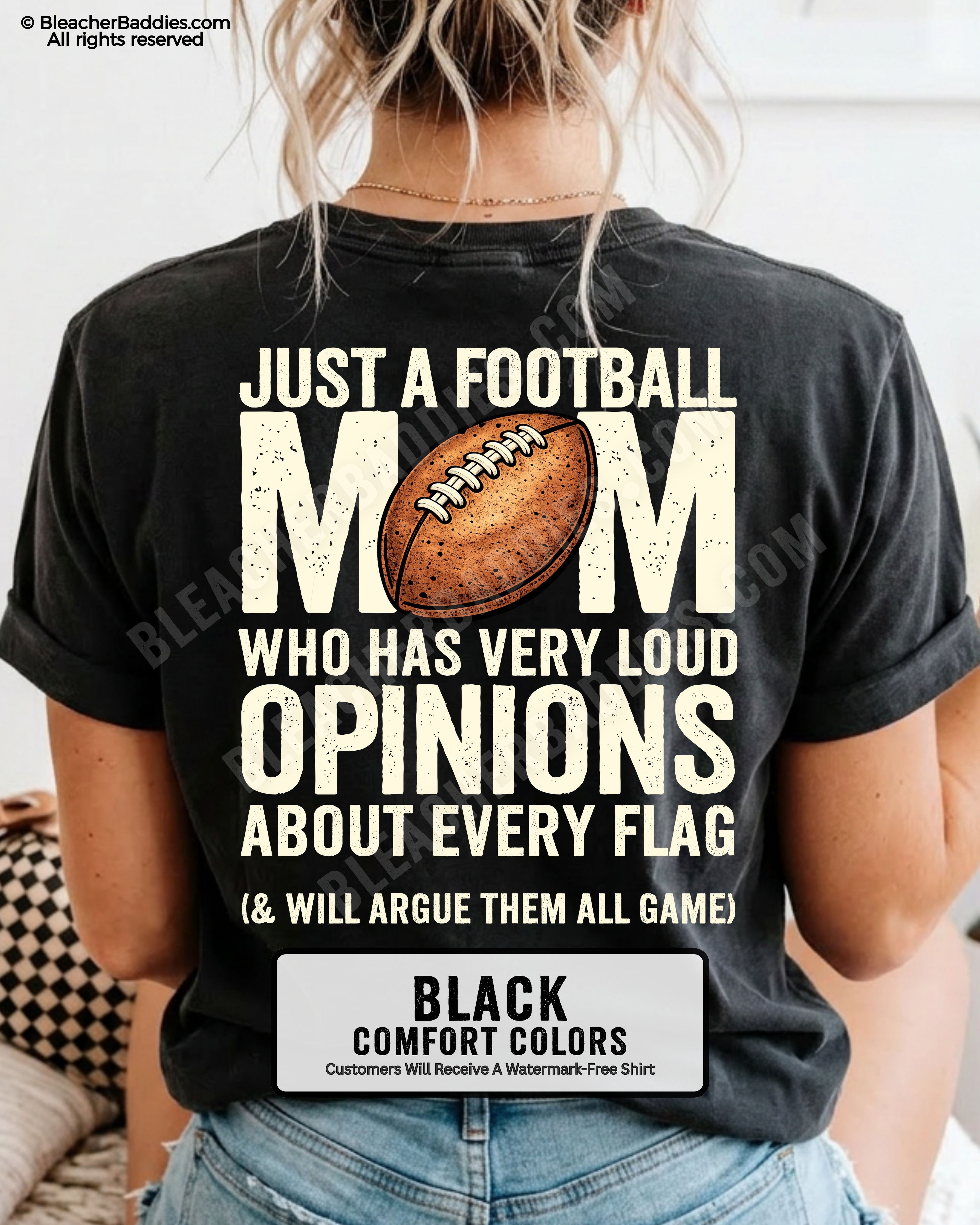 Close-up of black Comfort Colors t-shirt showing back graphic with football illustration and text about loud opinions on every flag