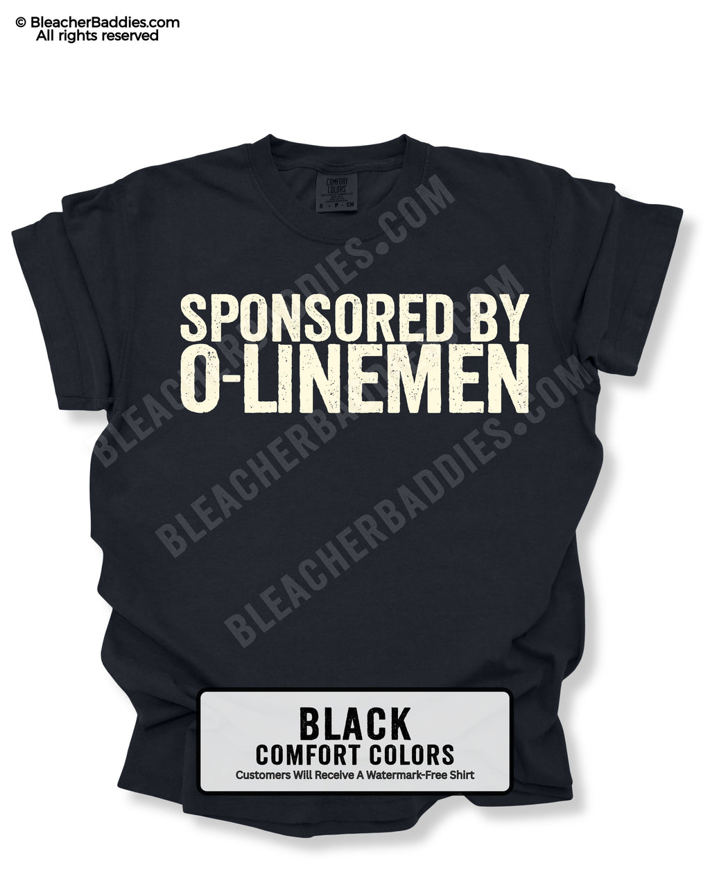 Black Comfort Colors quarterback graphic tee with "Sponsored by O-Linemen" design, shown as a flat lay.