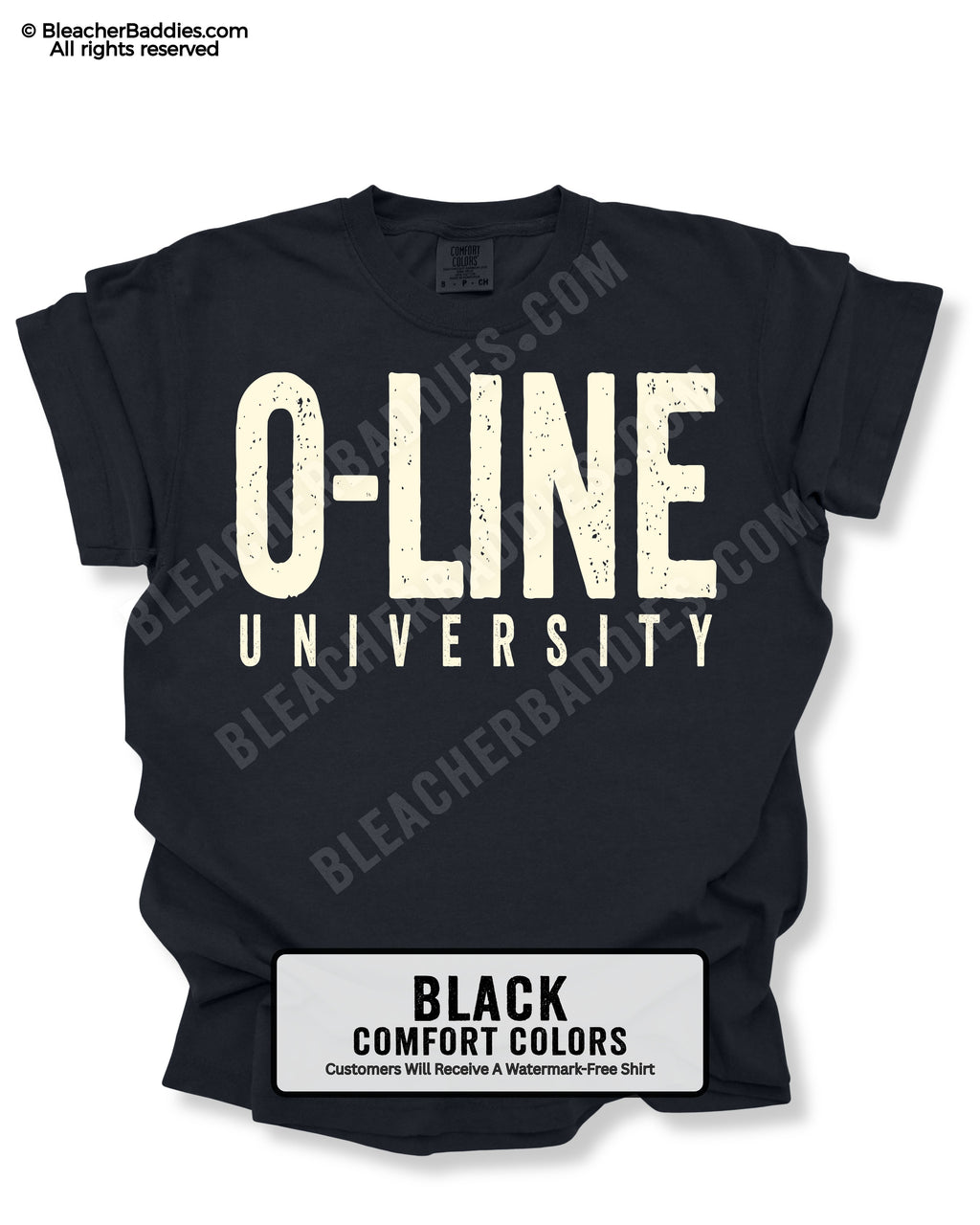 Black t-shirt with 'O-Line University' text on a white background