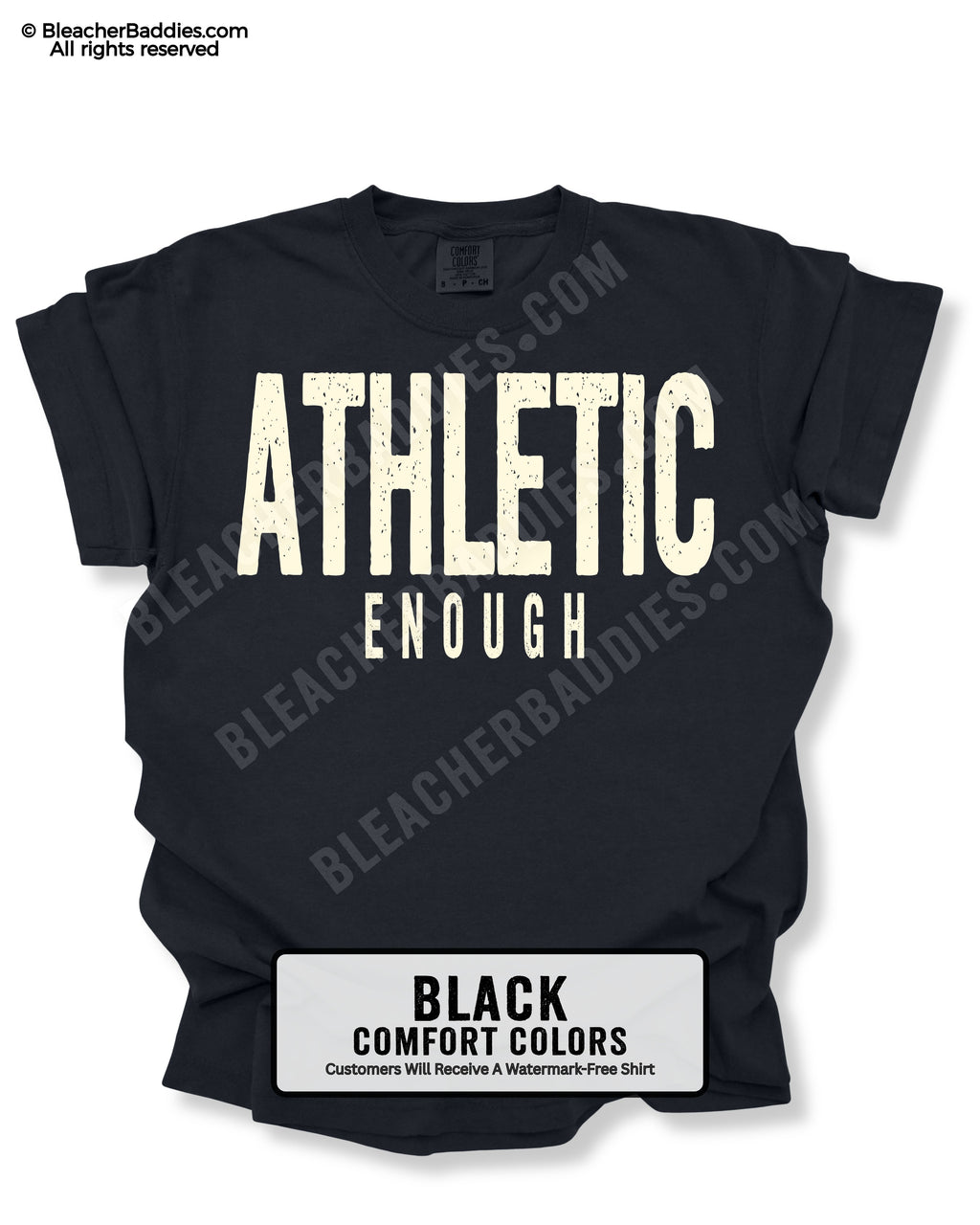 Black t-shirt with 'ATHLETIC ENOUGH' text on a white background