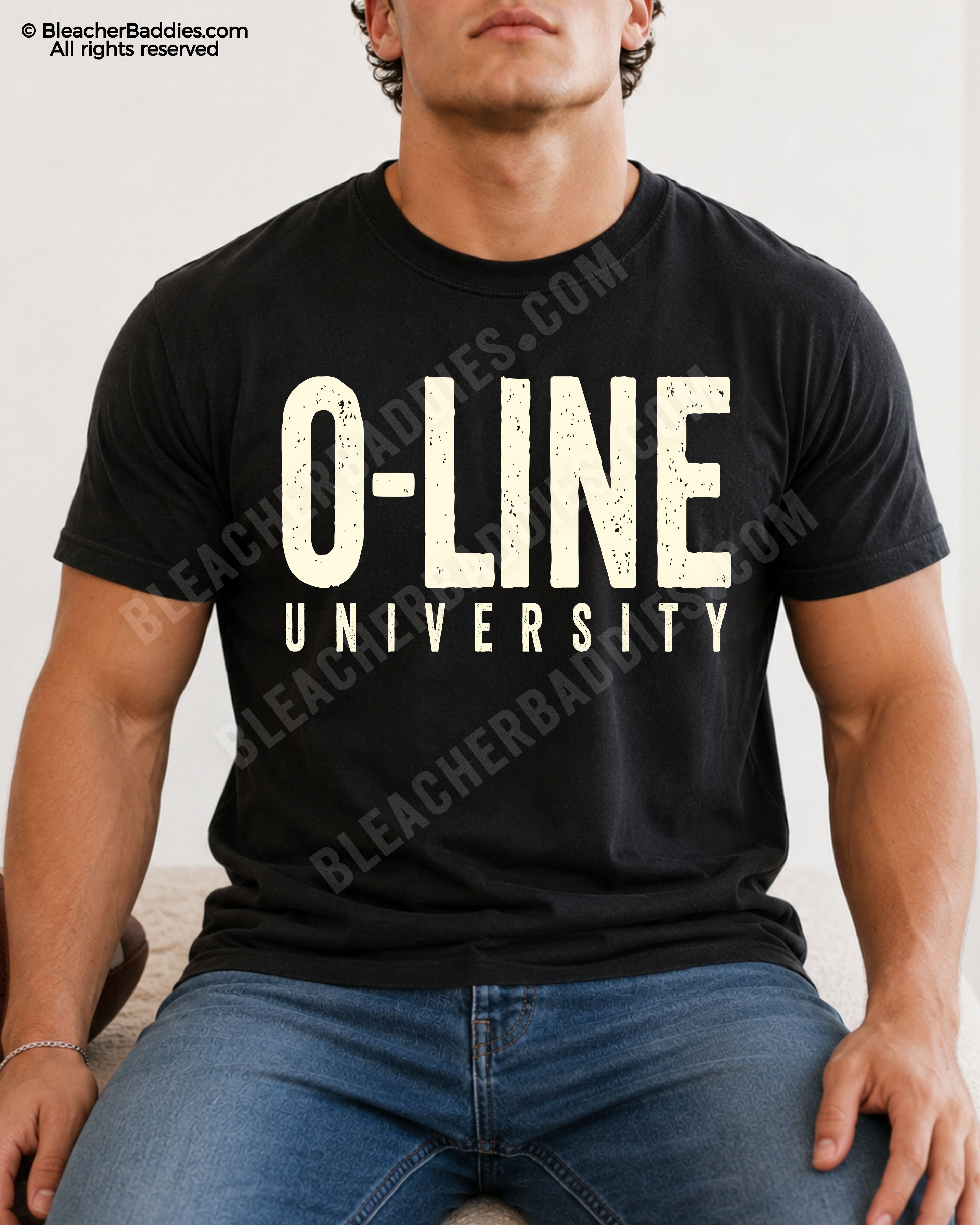 Close-up mockup of a black Comfort Colors football lineman shirt featuring distressed cream “O-Line University” text in a collegiate athletic design style.