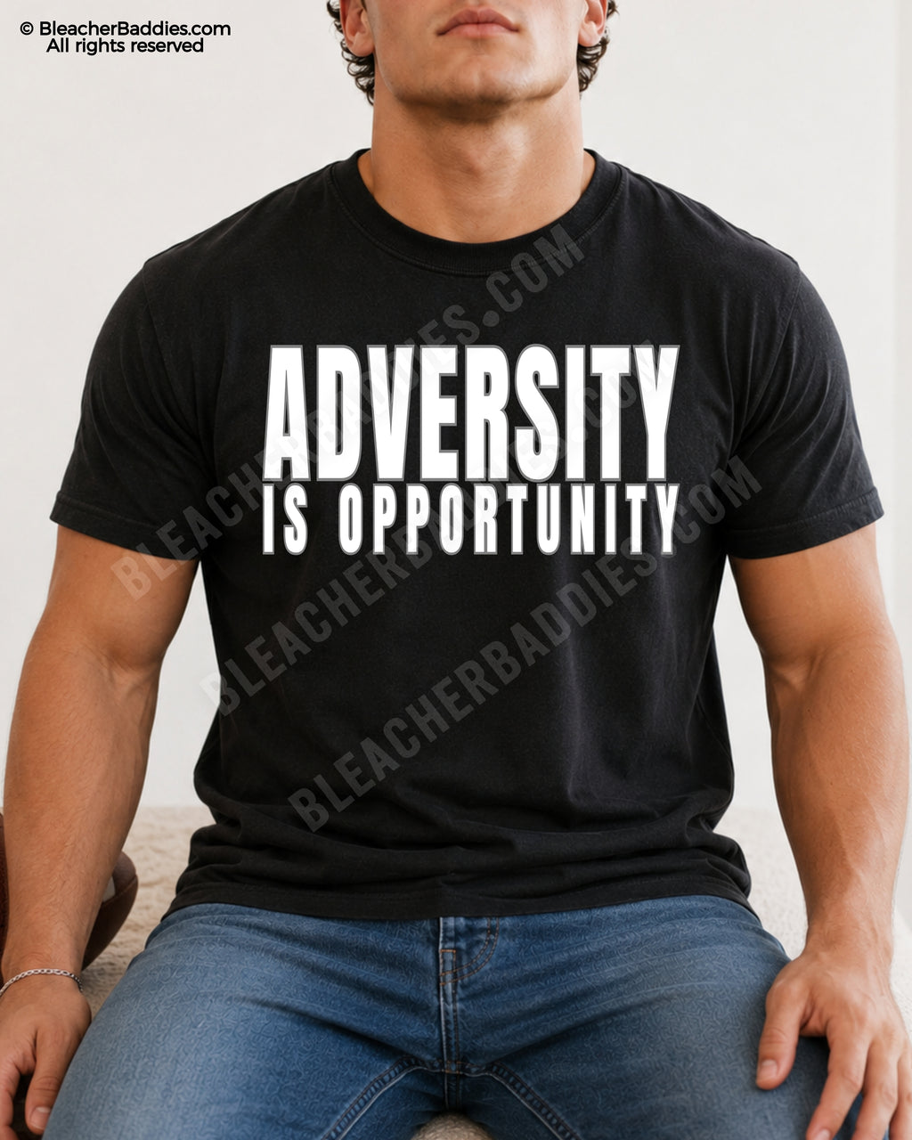 Young male athlete wearing a black “ADVERSITY IS OPPORTUNITY” motivational football graphic t-shirt while sitting indoors in blue jeans with a relaxed athletic pose.