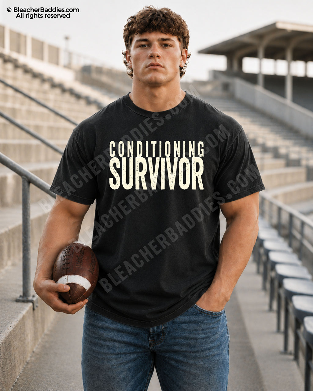 Football player standing in stadium wearing a black Comfort Colors “Conditioning Survivor” shirt with bold distressed lettering.