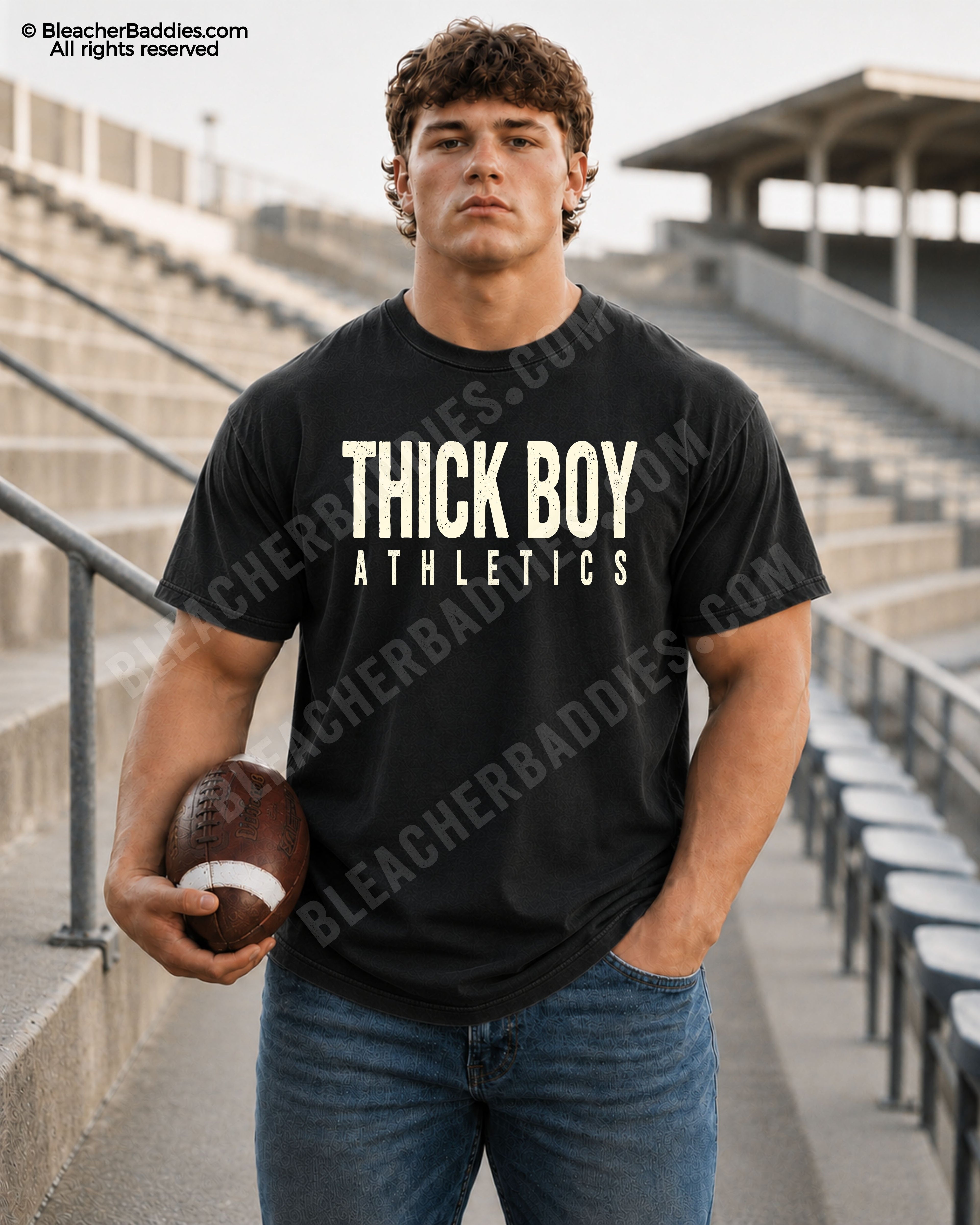 Football player standing in stadium wearing a black Comfort Colors game day shirt with distressed “Thick Boy Athletics” text designed for linemen and big athletes.
