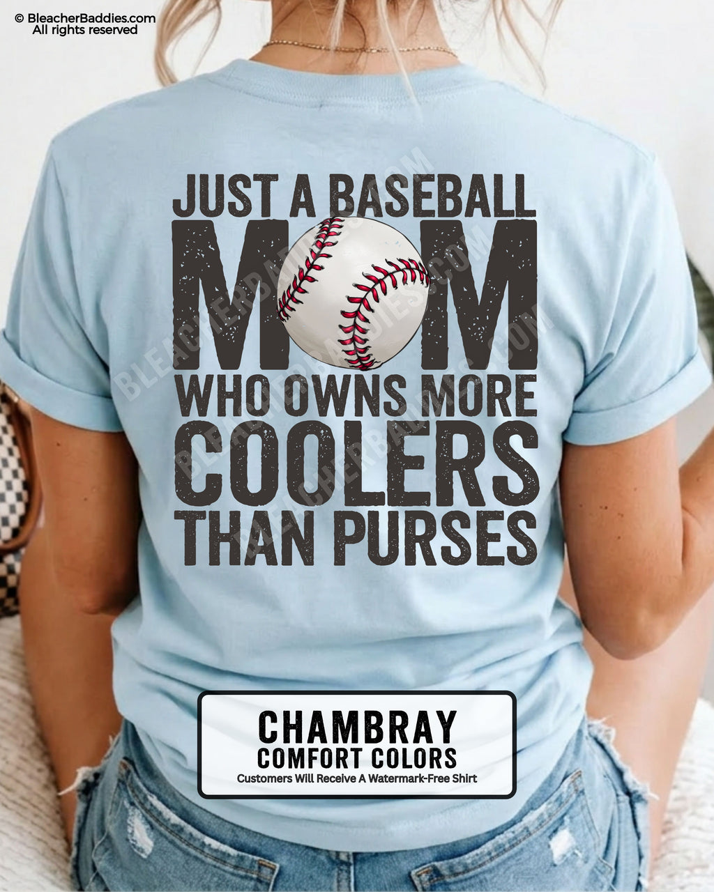 Chambray Comfort Colors baseball mom shirt with bold distressed back graphic reading “Just a baseball mom who owns more coolers than purses” and baseball illustration centered in the word MOM