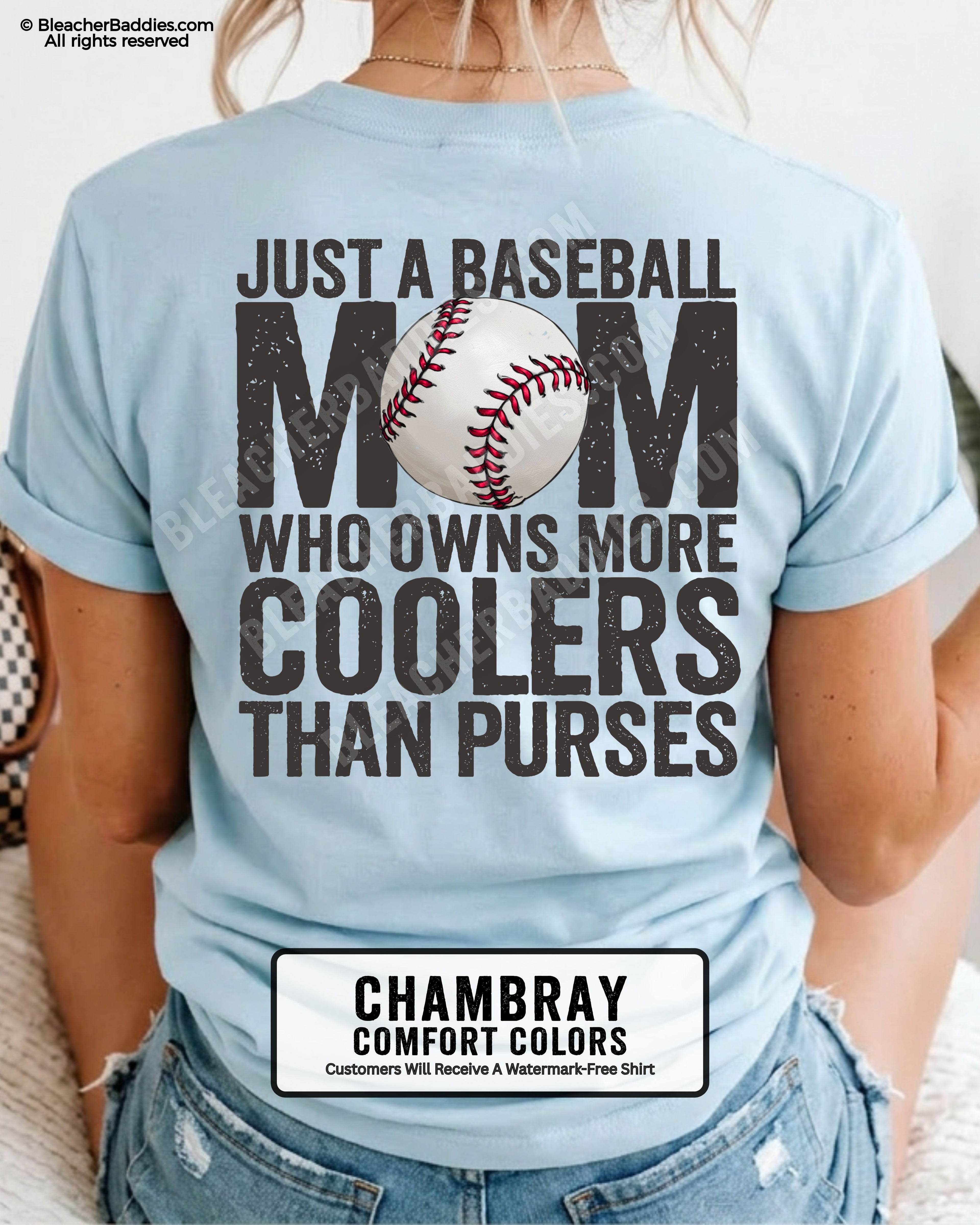 Chambray Comfort Colors baseball mom shirt with bold distressed back graphic reading “Just a baseball mom who owns more coolers than purses” and baseball illustration centered in the word MOM