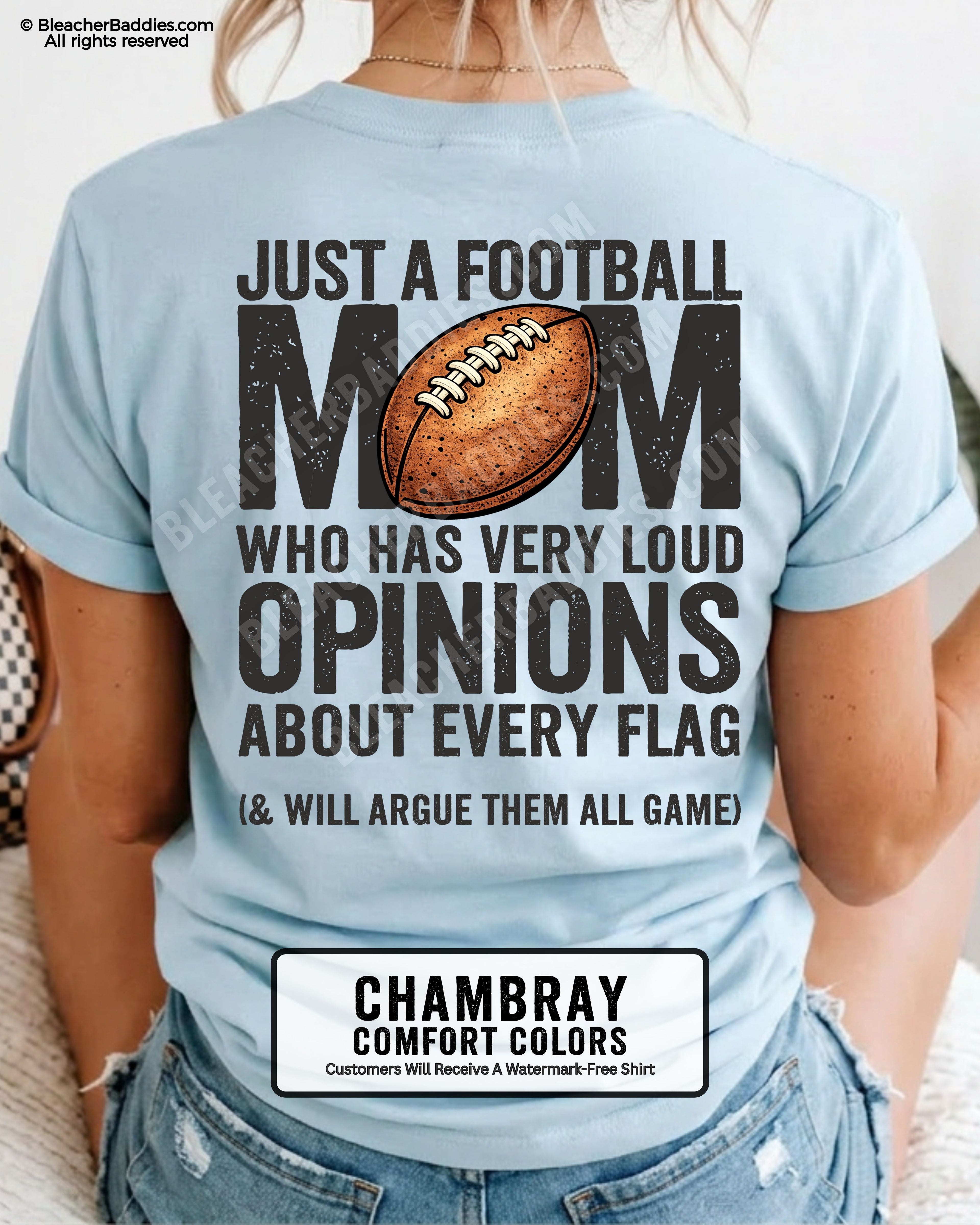 Close-up of chambray Comfort Colors t-shirt showing back graphic with football illustration and text about loud opinions on every flag