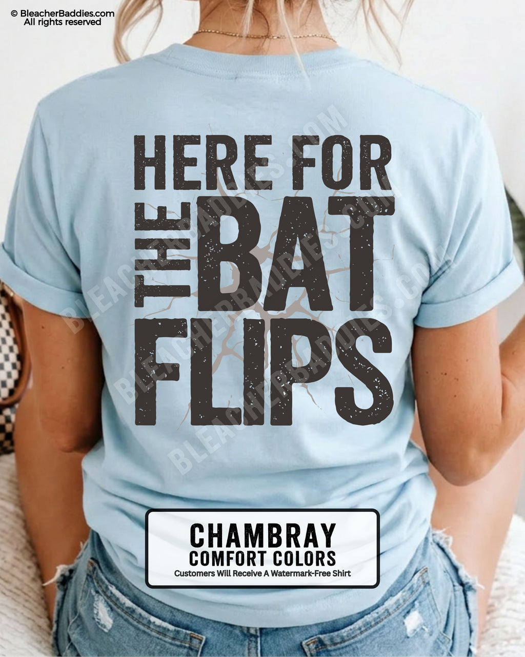 Chambray blue Comfort Colors baseball mom graphic tee with distressed oversized lettering reading “Here For The Bat Flips” across the back