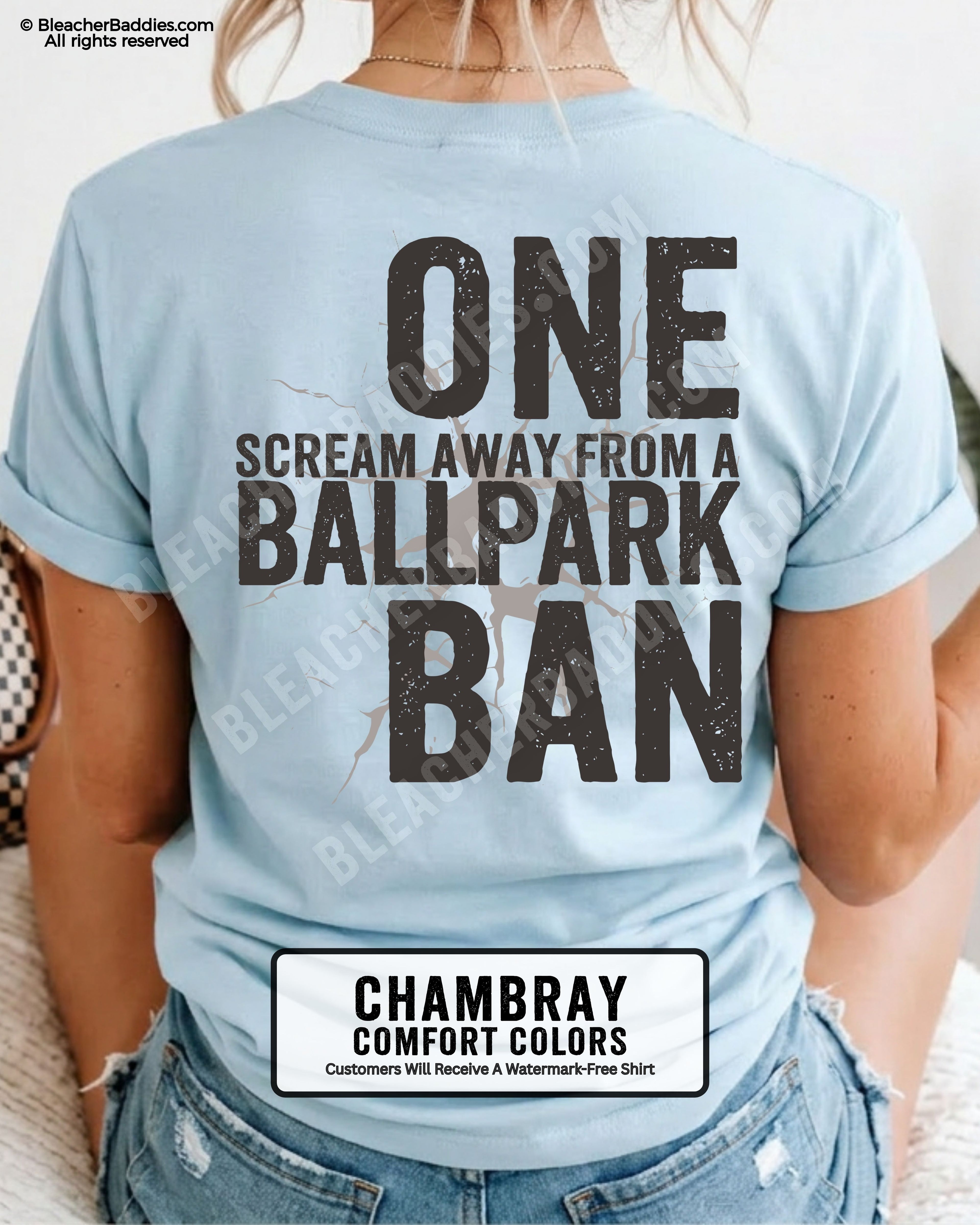 Chambray Comfort Colors shirt with distressed “One Scream Away From A Ballpark Ban” back graphic in oversized vintage-style black lettering.