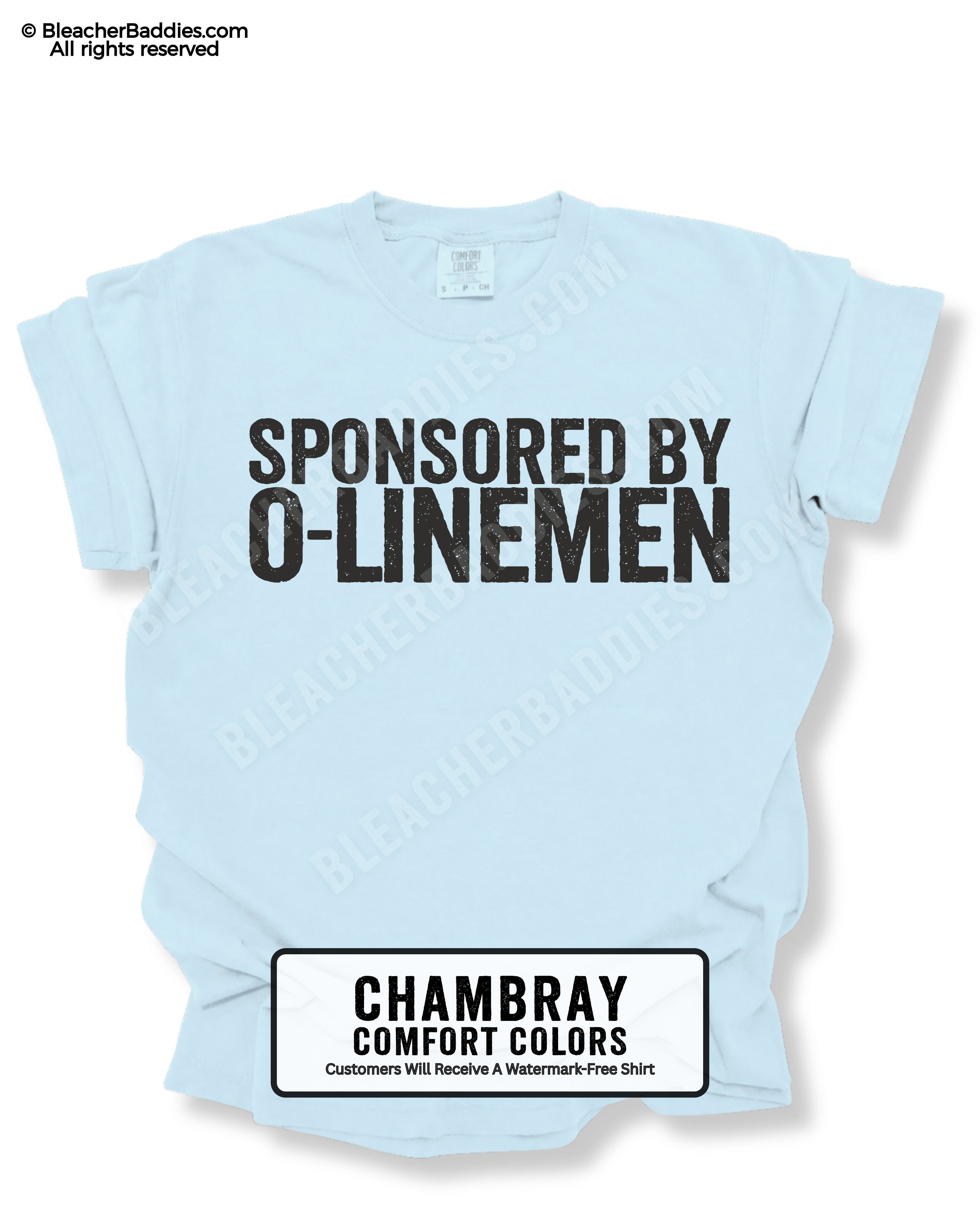 Chambray Comfort Colors quarterback graphic tee with "Sponsored by O-Linemen" design, shown as a flat lay.