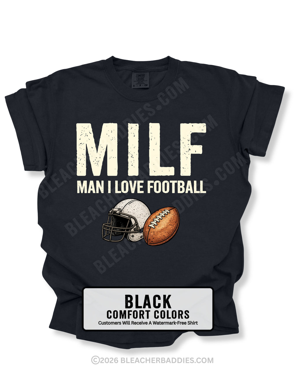 Flat lay of a black Comfort Colors t-shirt featuring the distressed ivory text "MILF" with the phrase "MAN I LOVE FOOTBALL" underneath, along with a vintage-style white football helmet and brown football graphic. bold and humorous football fan design perfect for football moms, tailgates, and game day.