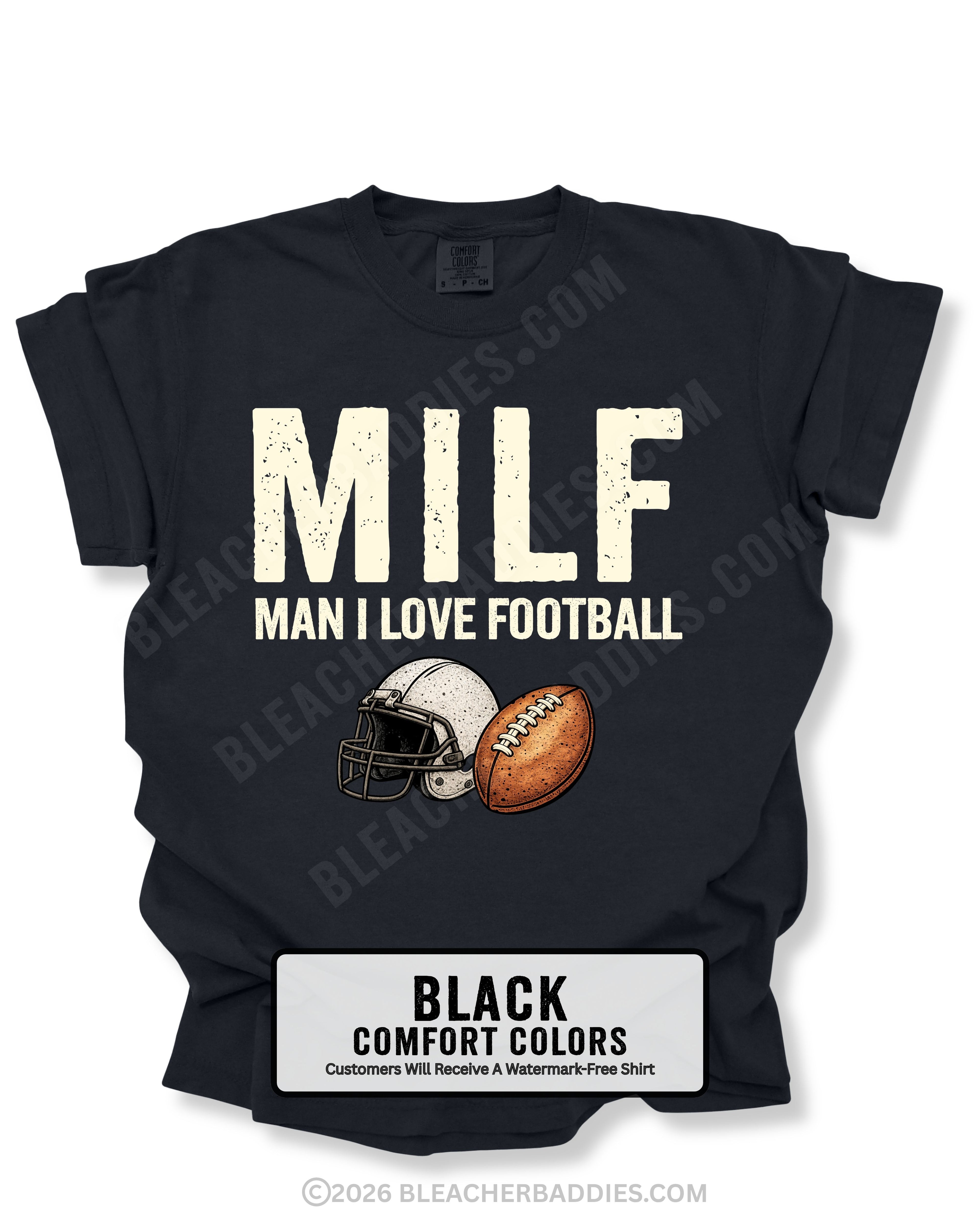 Flat lay of a black Comfort Colors t-shirt featuring the distressed ivory text "MILF" with the phrase "MAN I LOVE FOOTBALL" underneath, along with a vintage-style white football helmet and brown football graphic. bold and humorous football fan design perfect for football moms, tailgates, and game day.