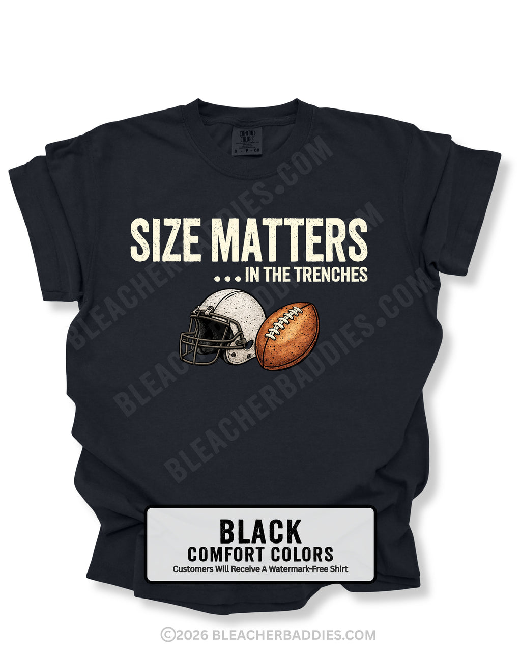 Flat lay mockup of a black Comfort Colors t-shirt featuring the funny football saying "Size Matters... In the Trenches" with a vintage football helmet and football graphic. Perfect game day shirt for football fans, offensive linemen, lineman moms, football moms, coaches, players, and anyone who knows games are won in the trenches.