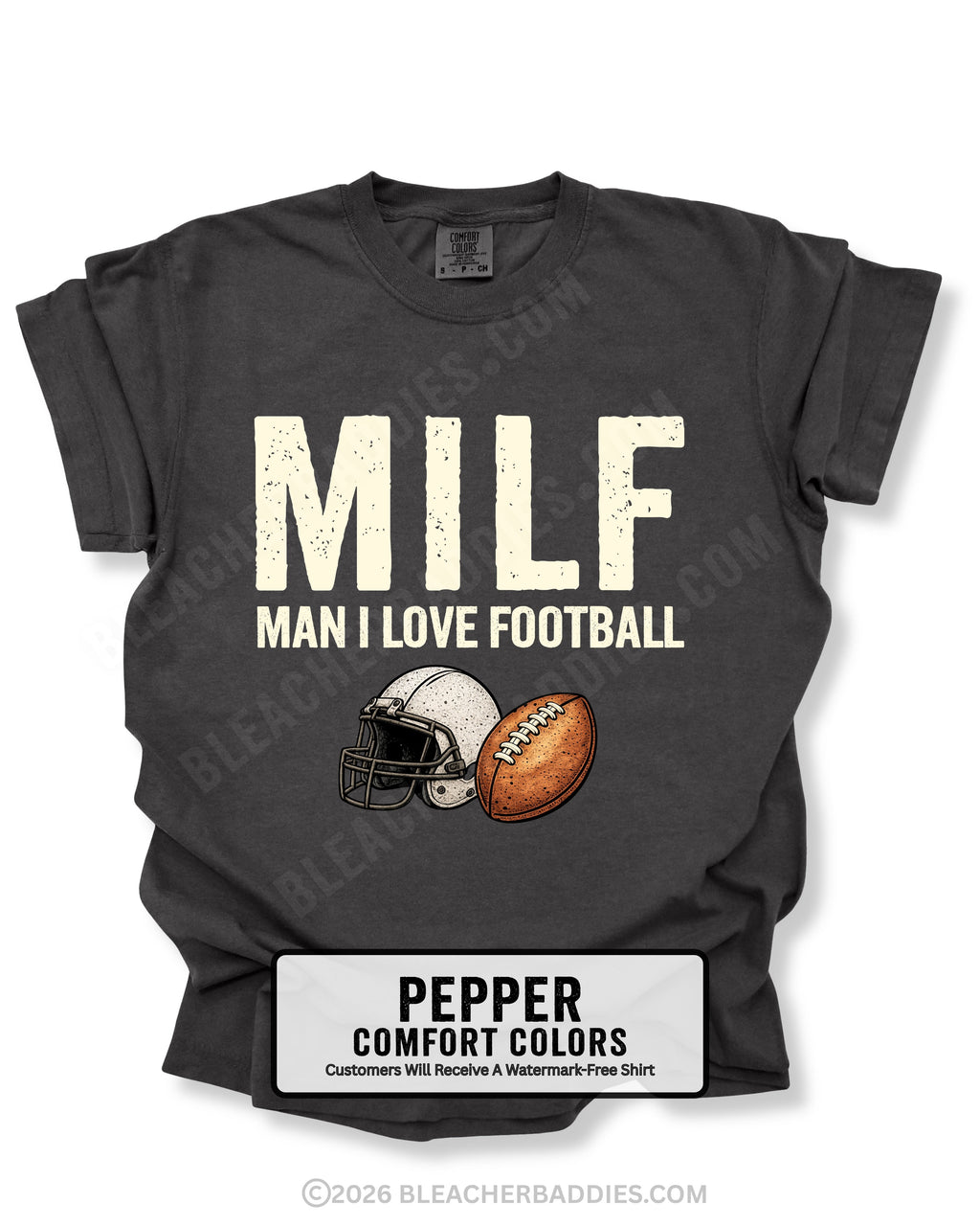 Flat lay of a pepper Comfort Colors t-shirt featuring the distressed ivory text "MILF" with the phrase "MAN I LOVE FOOTBALL" underneath, along with a vintage-style white football helmet and brown football graphic. bold and humorous football fan design perfect for football moms, tailgates, and game day.