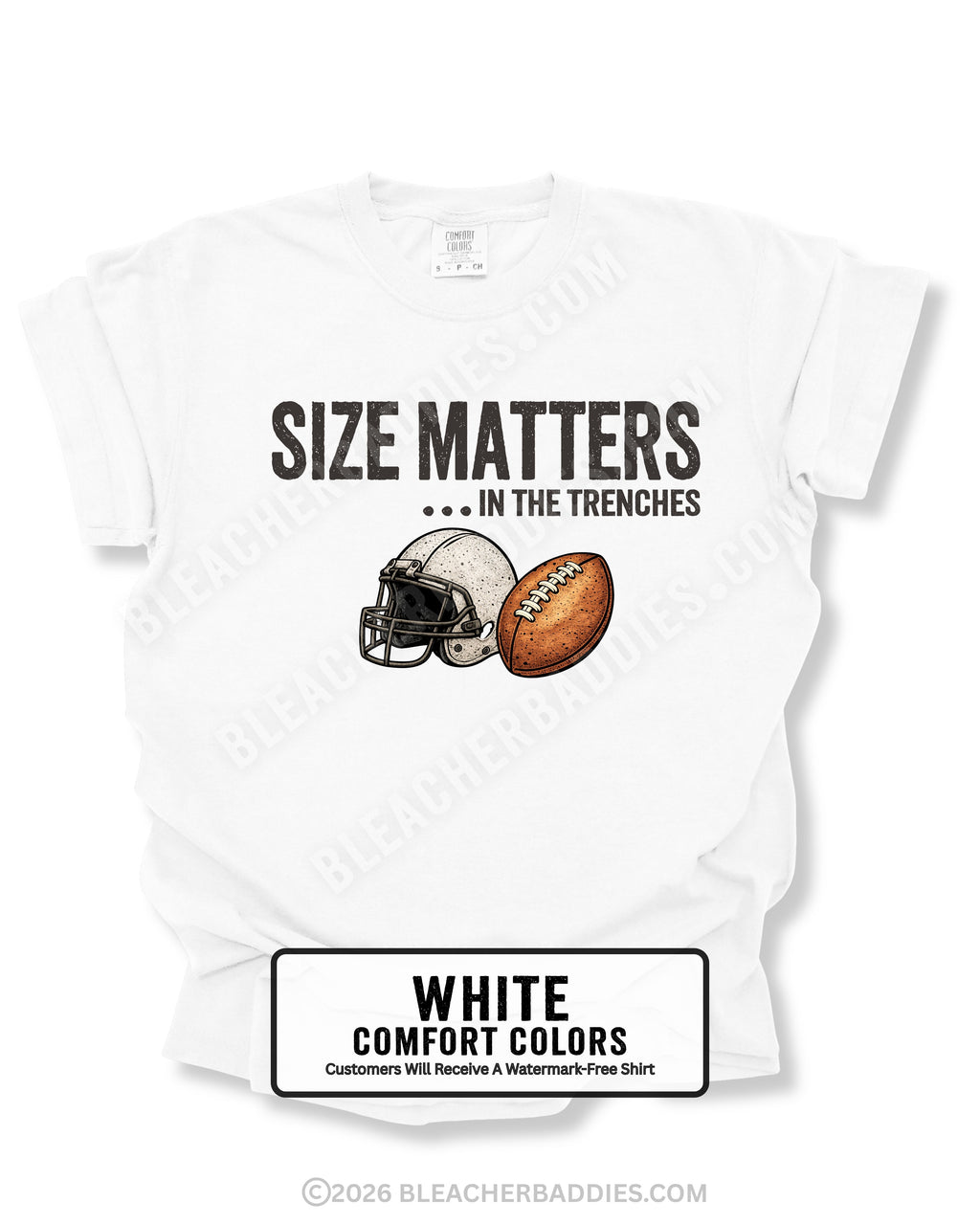 Flat lay mockup of a white Comfort Colors t-shirt featuring the funny football saying "Size Matters... In the Trenches" with a vintage football helmet and football graphic. Perfect game day shirt for football fans, offensive linemen, lineman moms, football moms, coaches, players, and anyone who knows games are won in the trenches.