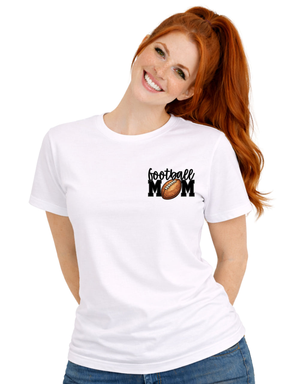 Woman wearing a white t-shirt with 'football mom' text and graphic on a white background