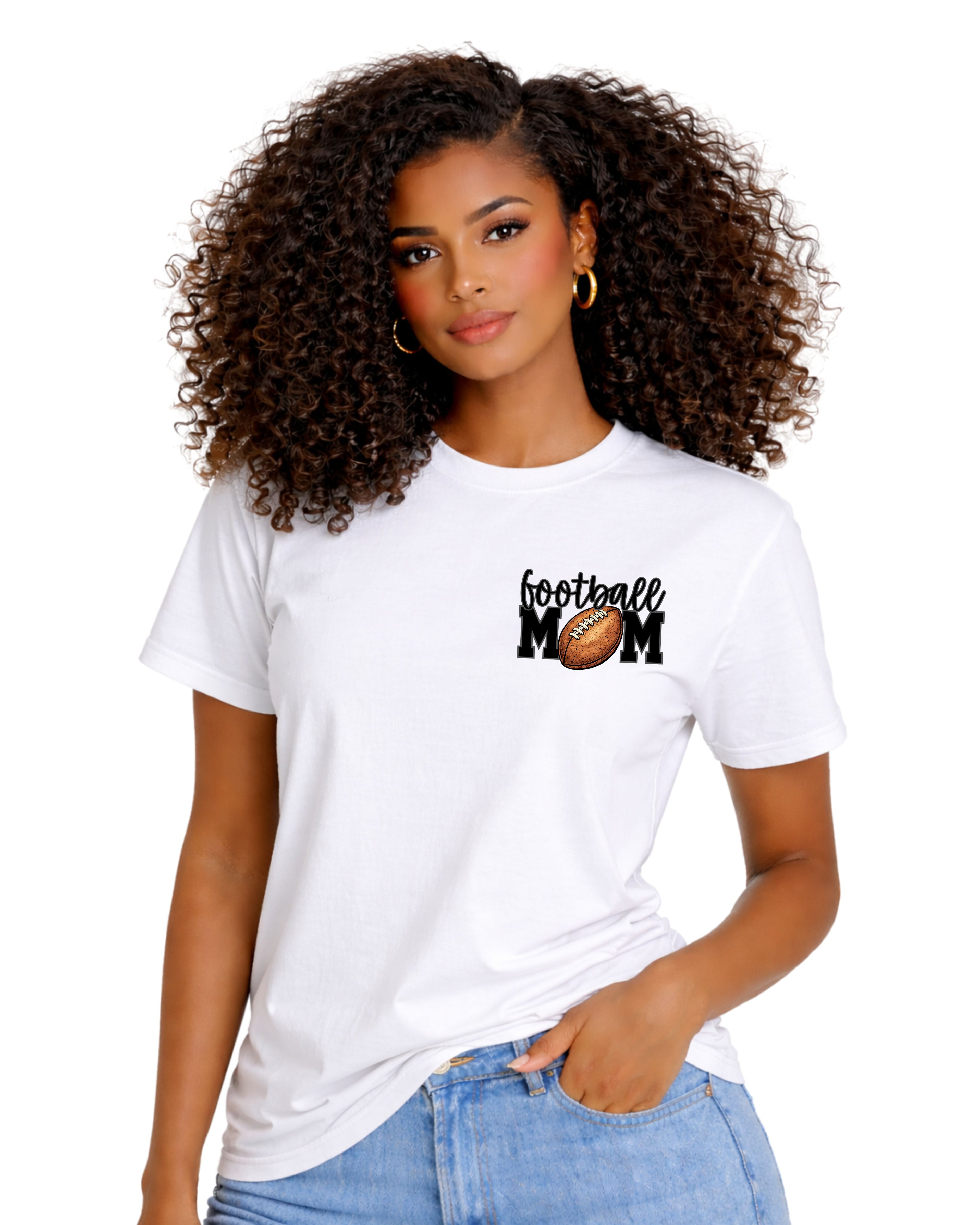 Woman wearing a white tshirt with a "football mom" graphic on the front. The football is the "O" in MOM.