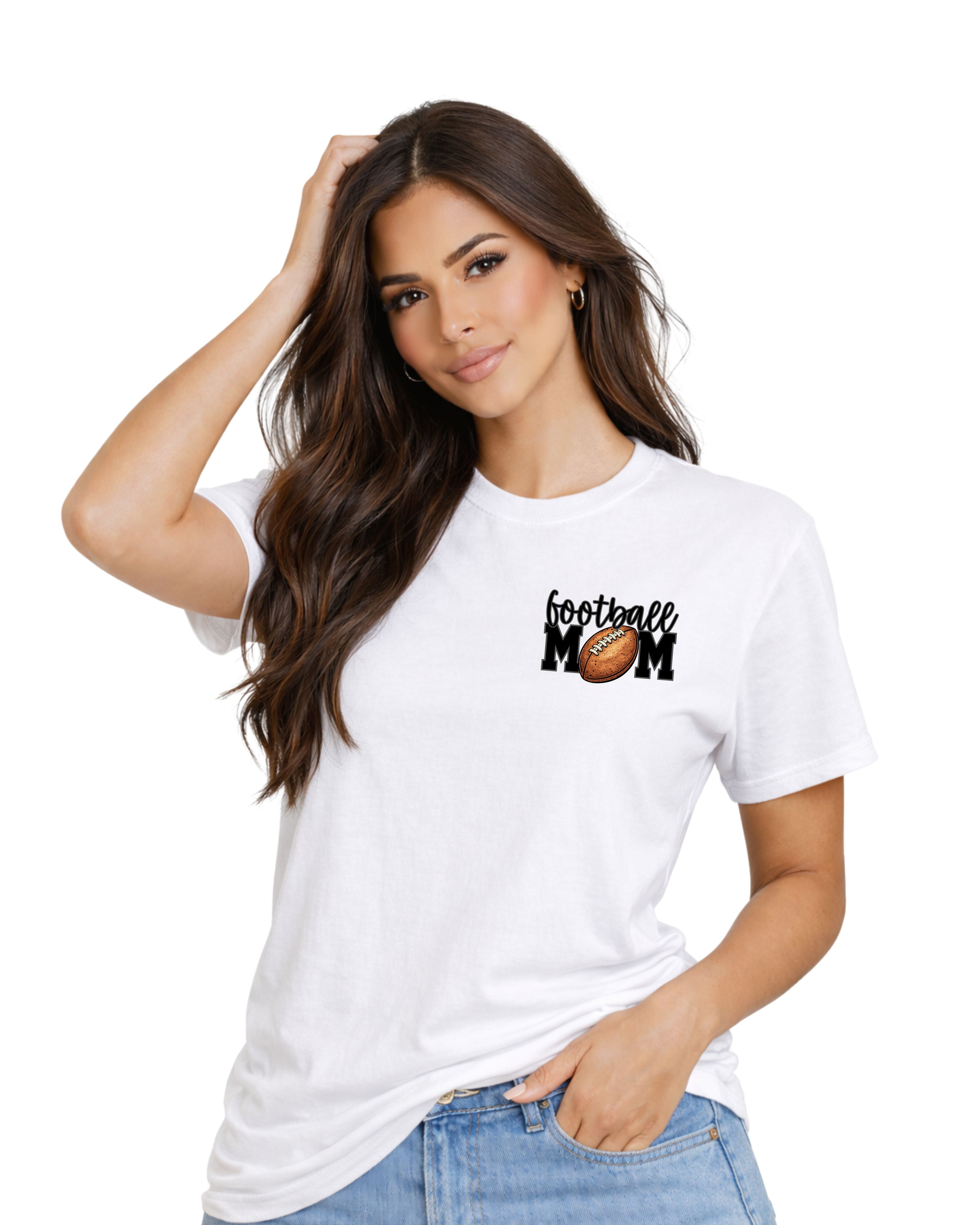 Woman wearing a white t-shirt with 'Football Mom' text and graphic on a white background. A football is the "O" in the word MOM.