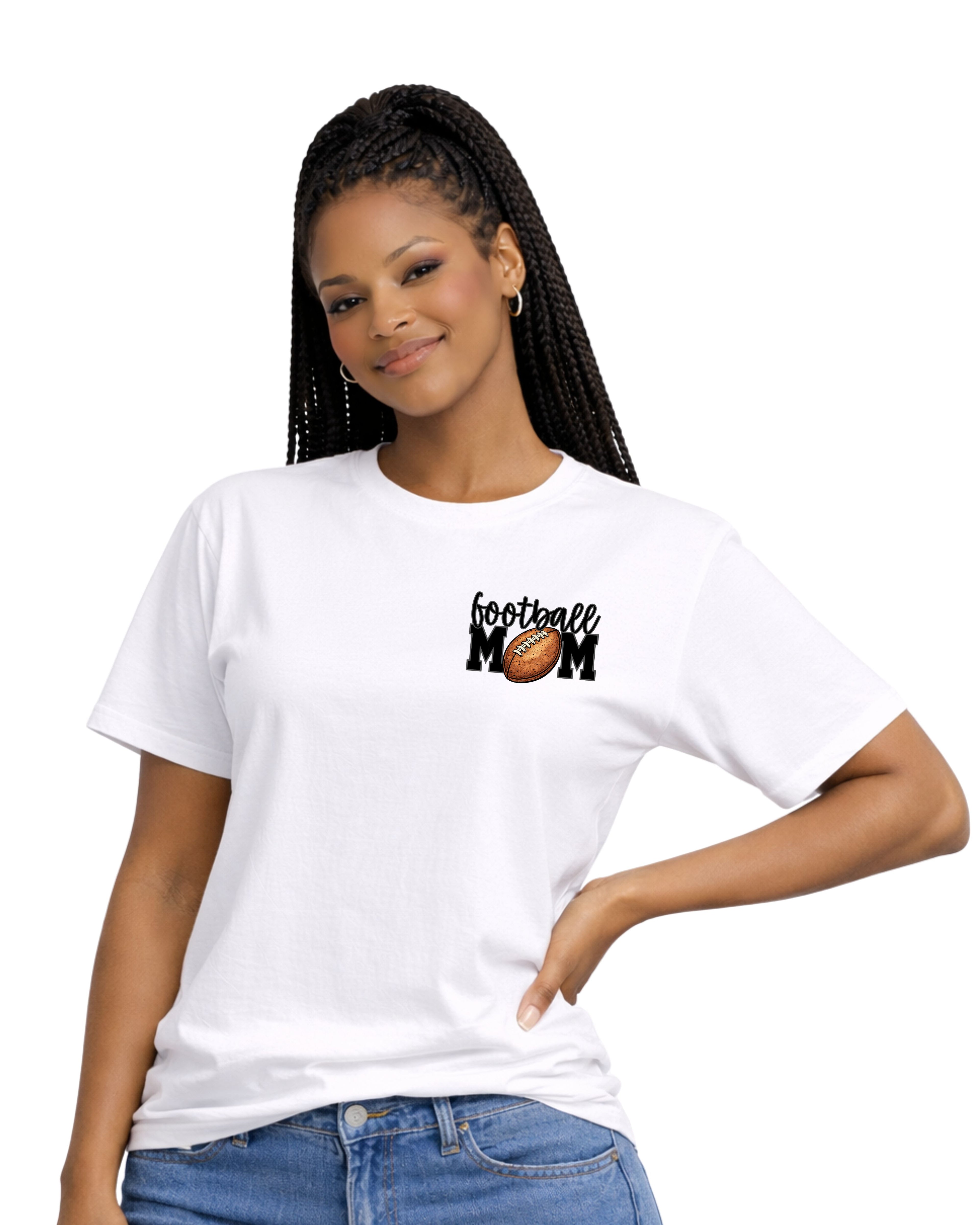 Woman wearing a white t-shirt with 'football mom' design on a white background. A football is the "O" in the word MOM.