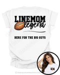 Back of white football mom shirt featuring the “Linemom Legend” graphic with football illustration and the phrase “Here for the Big Guys,” with inset showing the front football mom pocket design on a model.