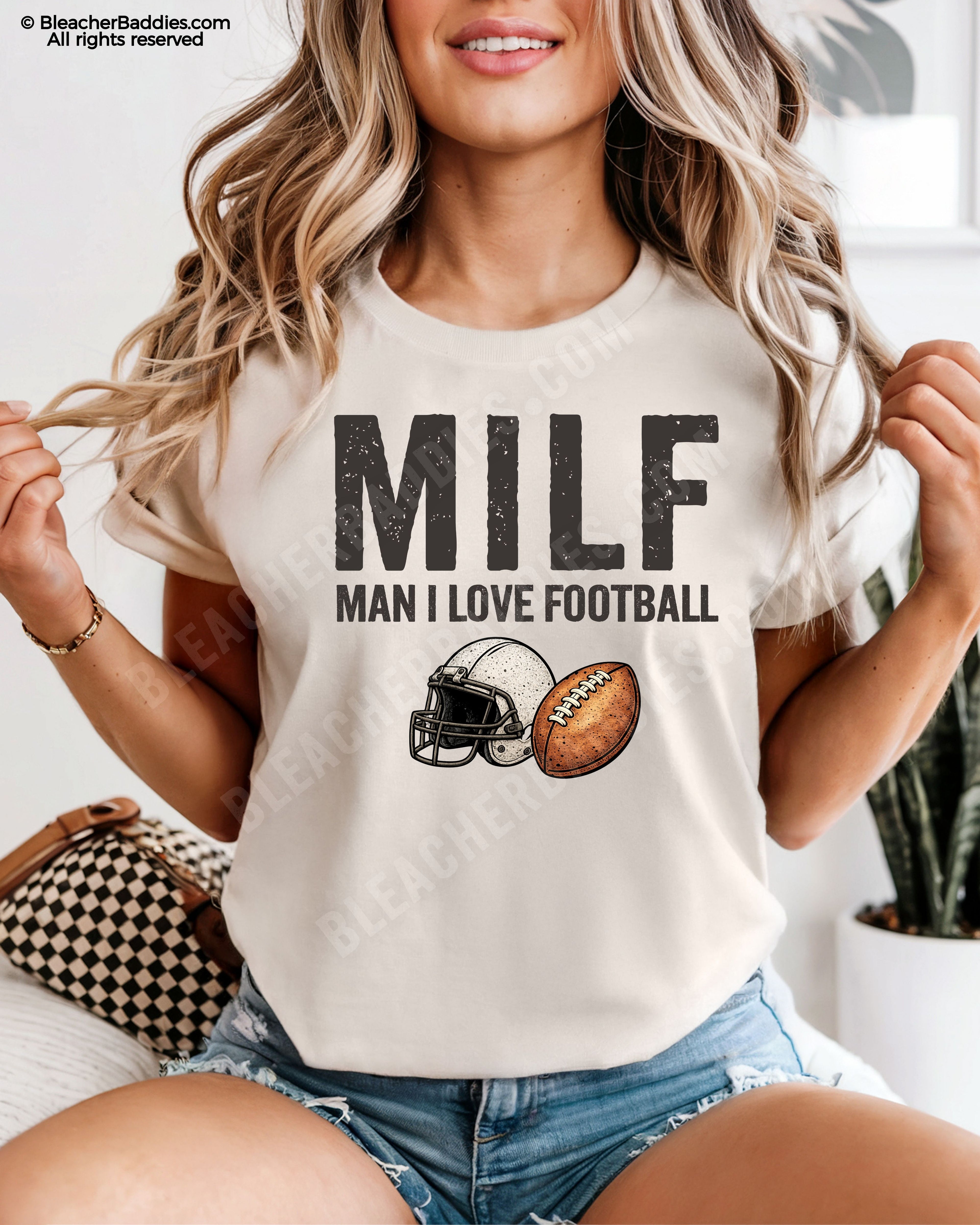 IVORY Comfort Colors t-shirt featuring "MILF (Man I Love Football)" with a vintage football helmet and football graphic. Funny football fan shirt for moms, game day, tailgates, and Friday night lights.