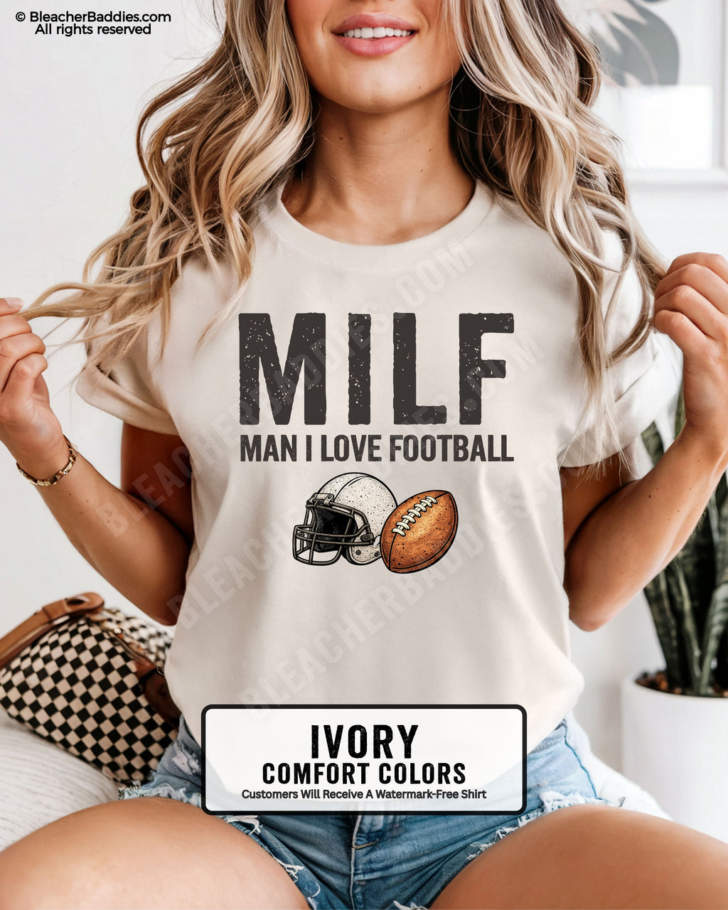 ivory Comfort Colors t-shirt featuring "MILF (Man I Love Football)" with a vintage football helmet and football graphic. Funny football fan shirt for moms, game day, tailgates, and Friday night lights.