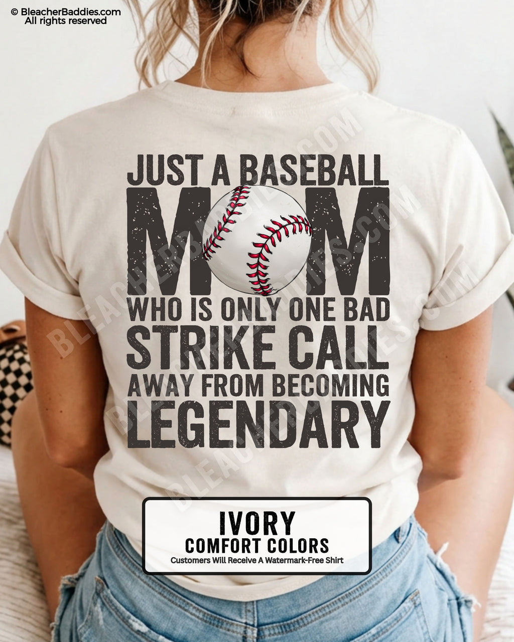 Ivory baseball mom game day shirt featuring distressed typography and baseball illustration reading “Just a Baseball Mom Who Is Only One Bad Strike Call Away From Becoming Legendary”