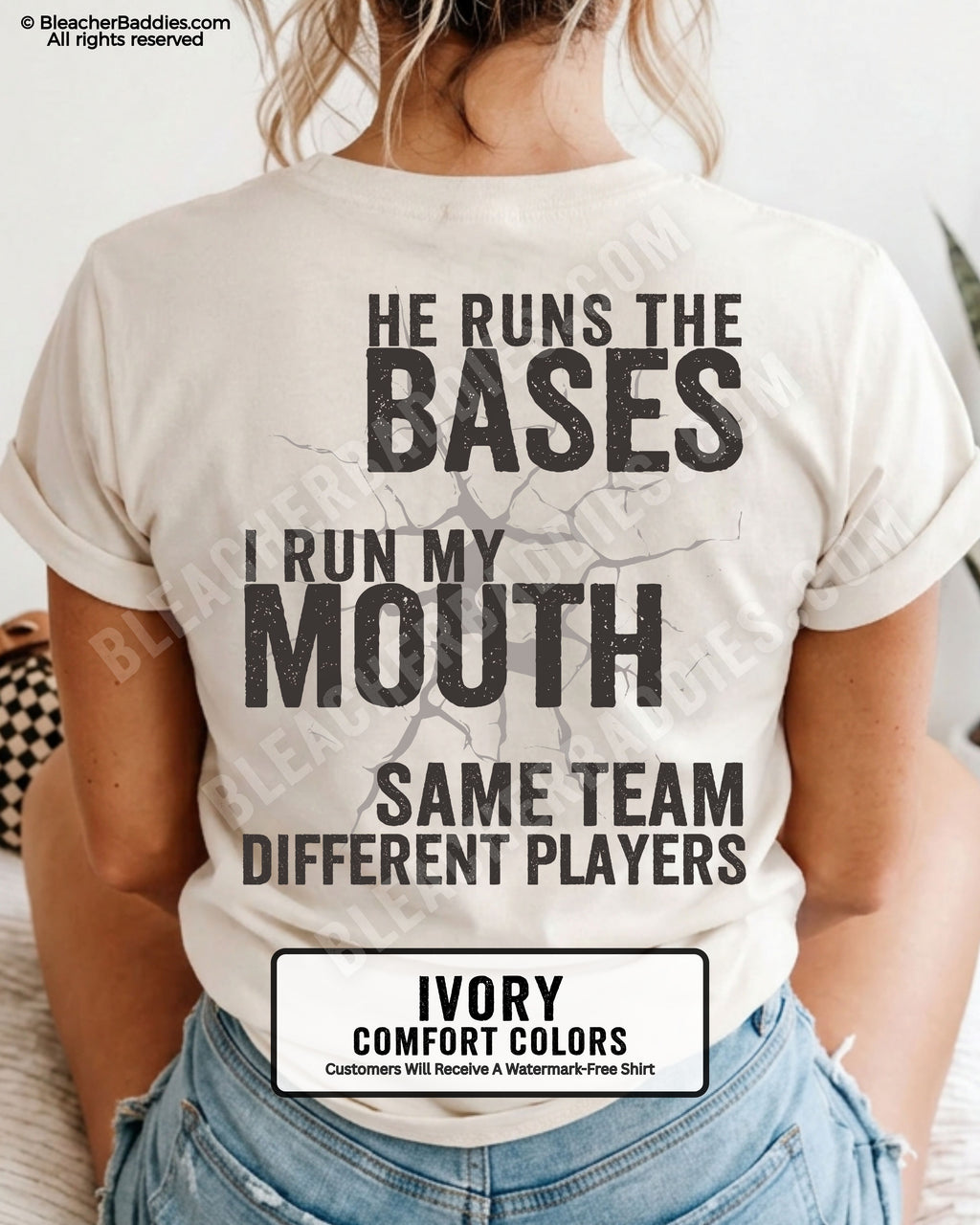 Ivory Comfort Colors baseball mom graphic tee with distressed oversized lettering reading “He Runs The Bases I Run My Mouth” and “Same Team Different Players” printed on the back
