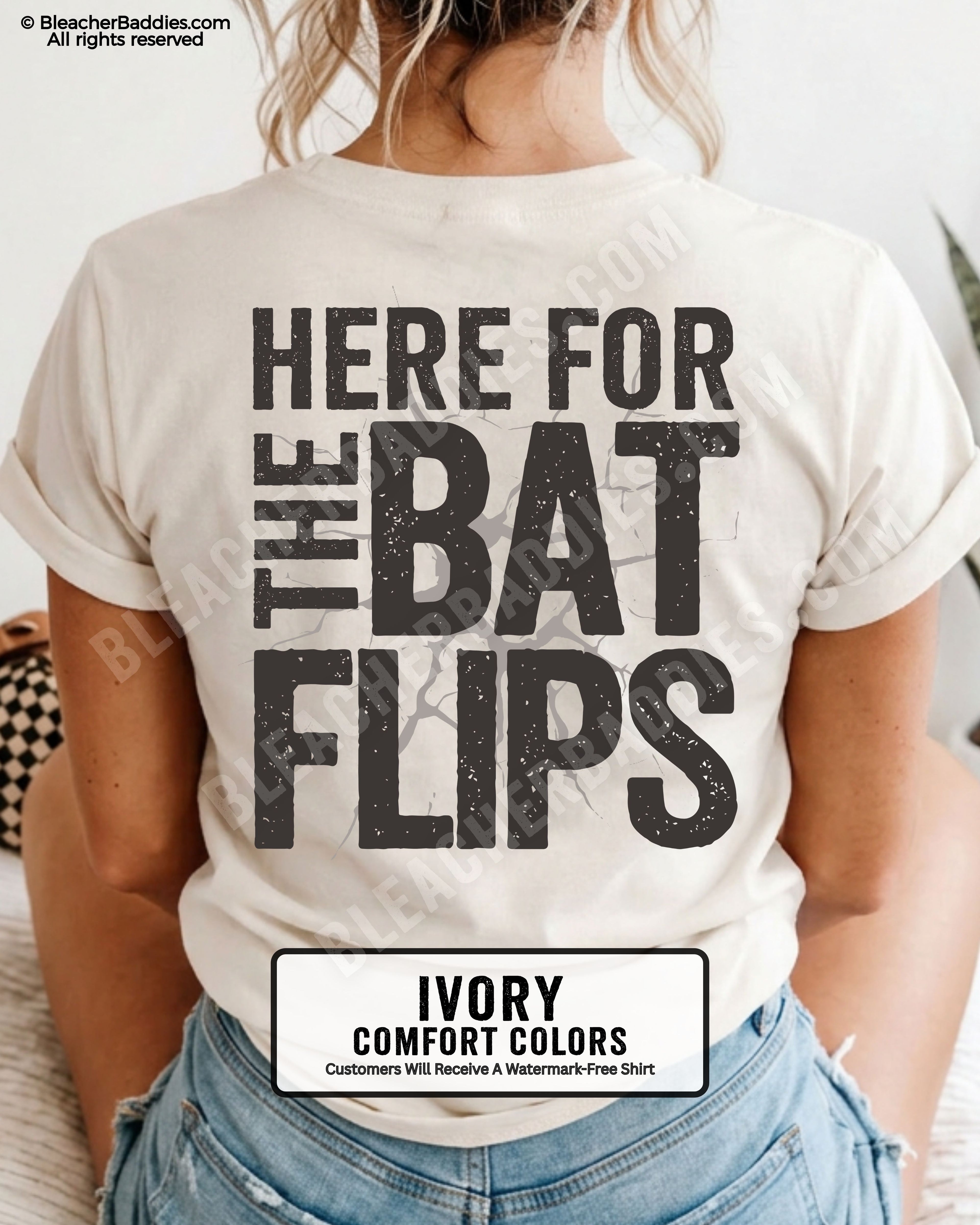 Ivory Comfort Colors baseball mom graphic tee with distressed oversized lettering reading “Here For The Bat Flips” across the back