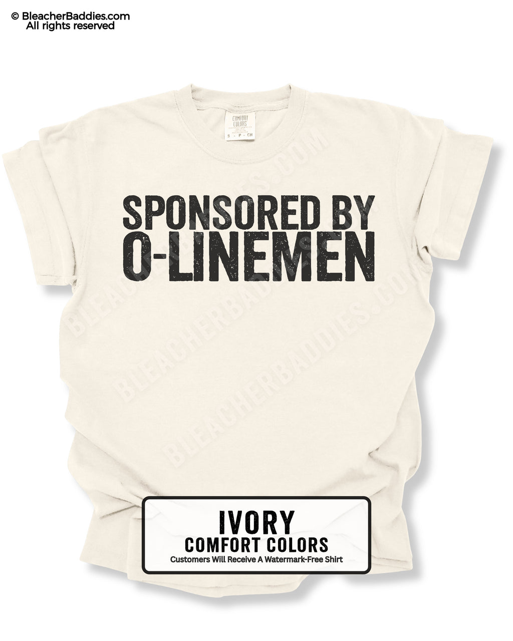Ivory Comfort Colors quarterback graphic tee with "Sponsored by O-Linemen" design, shown as a flat lay.