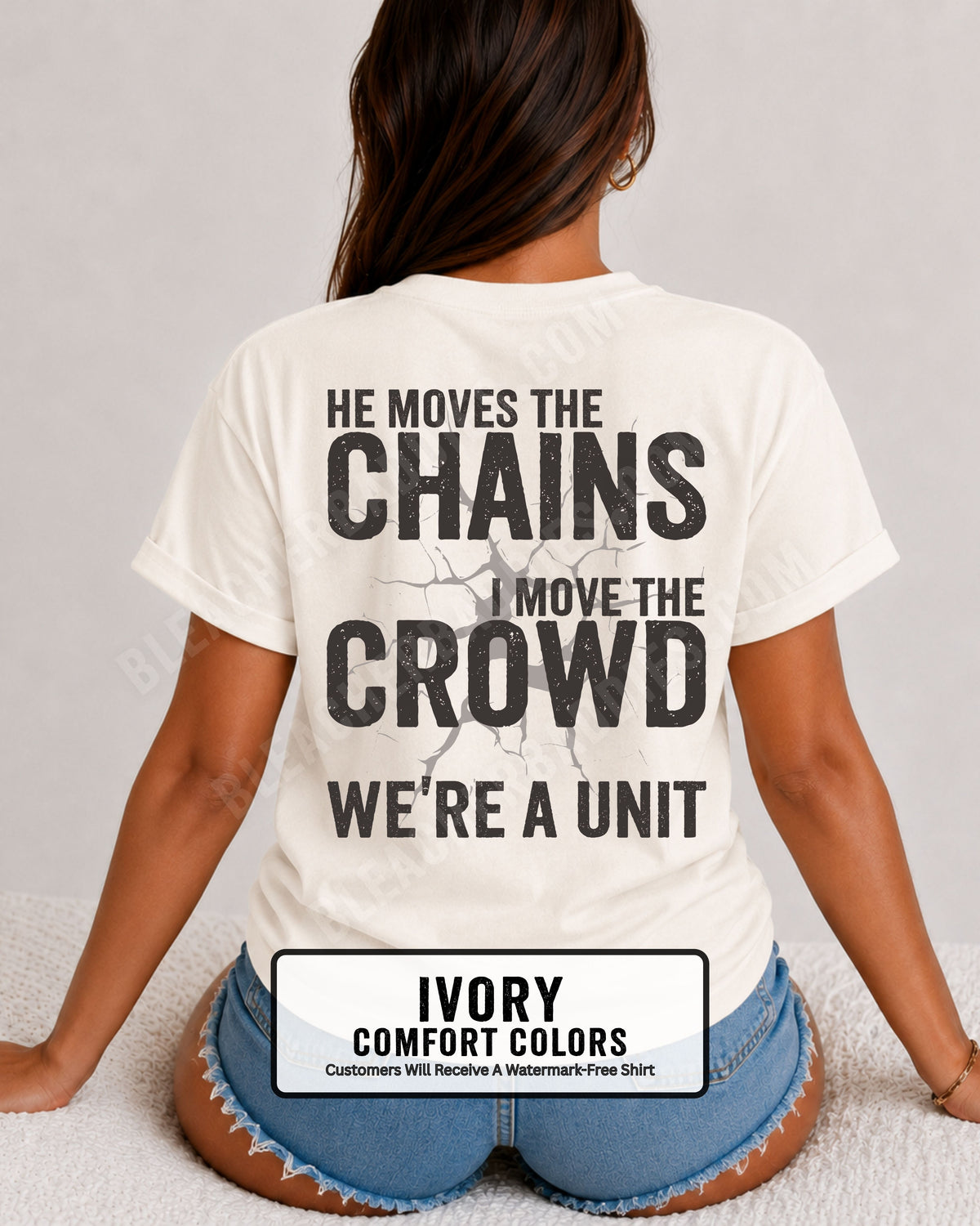 Back view of woman wearing IVORY Comfort Colors football mom game day shirt featuring “He Moves the Chains I Move the Crowd We’re a Unit” bold graphic design