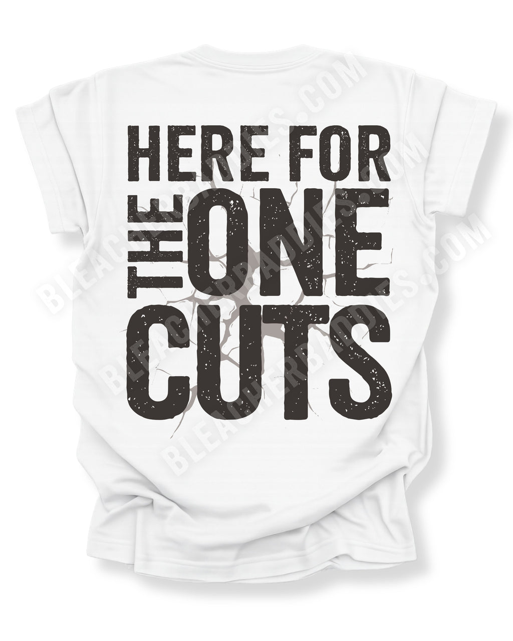 Back view of white comfort colors football mom game day shirt with “here for the one cuts” design printed on the back. Running back mom shirt. Football mom shirt. Quarterback mom shirt.