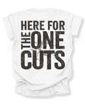 Back view of white comfort colors football mom game day shirt with “here for the one cuts” design printed on the back. Running back mom shirt. Football mom shirt. Quarterback mom shirt.