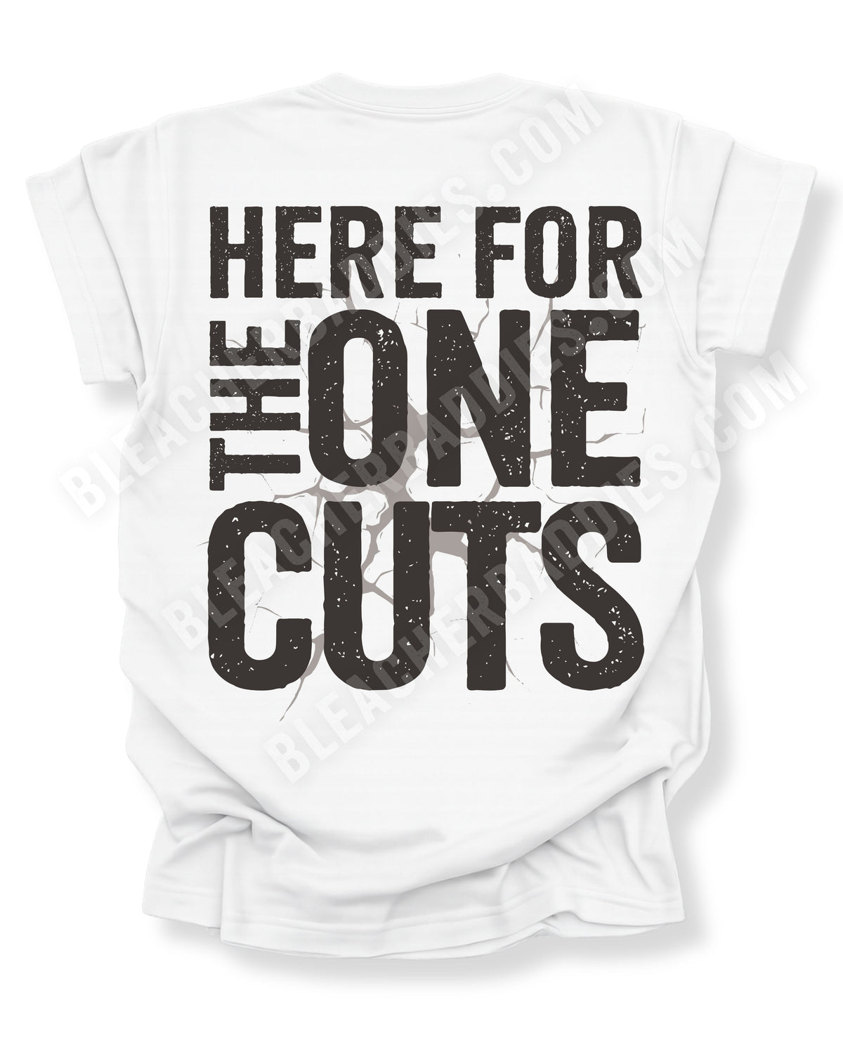 Back view of white comfort colors football mom game day shirt with “here for the one cuts” design printed on the back. Running back mom shirt. Football mom shirt. Quarterback mom shirt.