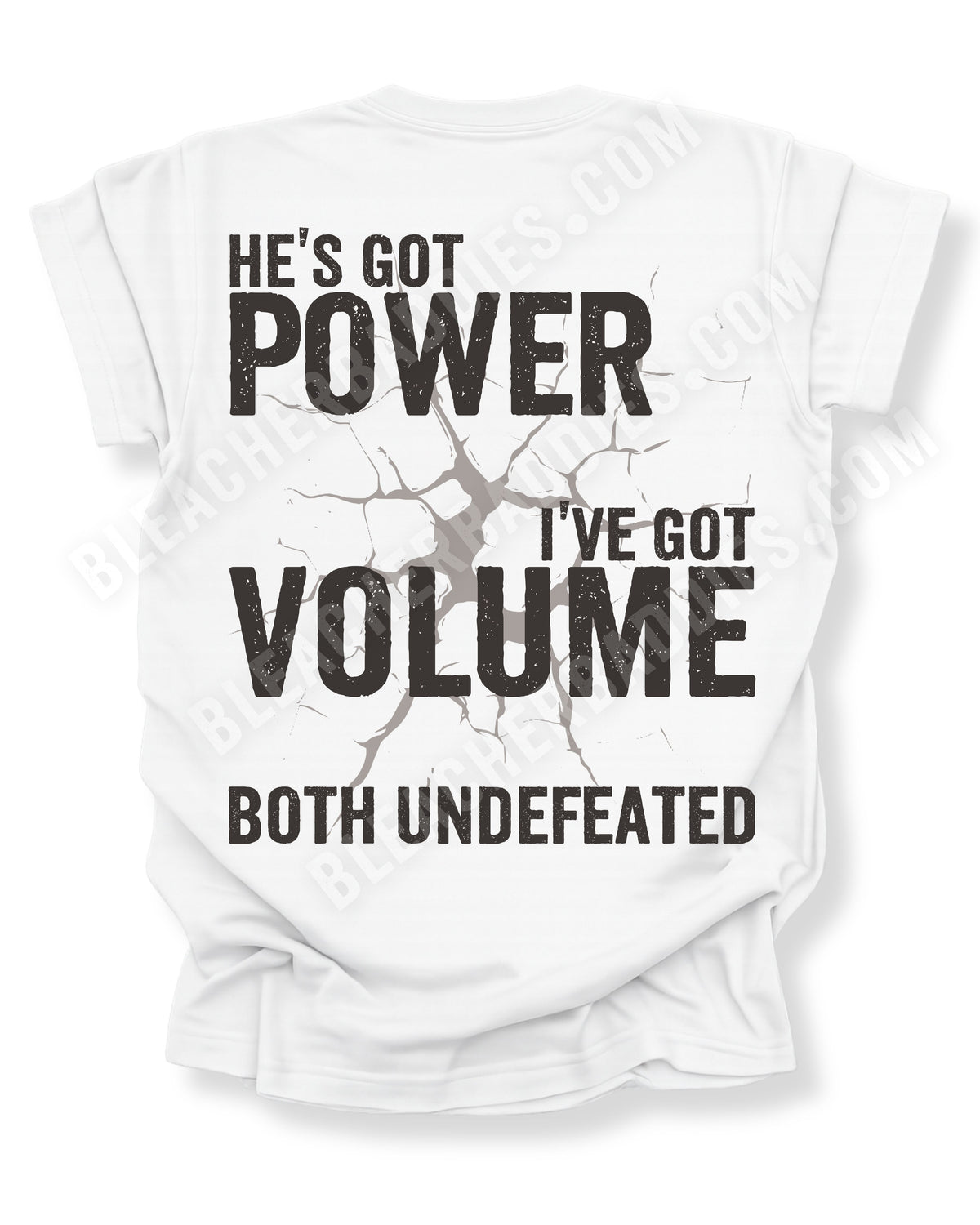 Back view of white Comfort Colors football mom game day shirt reading “He’s the Power I’m the Problem We Both Hit Hard,” on a white background. Lineman Mom Shirt. Football Mom Shirt Running Back Mom Shirt. Linebacker Mom Shirt.