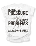 White Comfort Colors football mom game day shirt flat lay with “He Creates Pressure I Create Problems All Gas No Brakes” graphic design. Defensive Lineman Mom Shirt. Football Mom Shirt Offensive Lineman Mom Shirt.