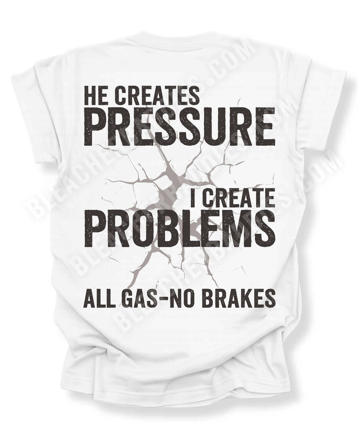 White Comfort Colors football mom game day shirt flat lay with “He Creates Pressure I Create Problems All Gas No Brakes” graphic design. Defensive Lineman Mom Shirt. Football Mom Shirt Offensive Lineman Mom Shirt.