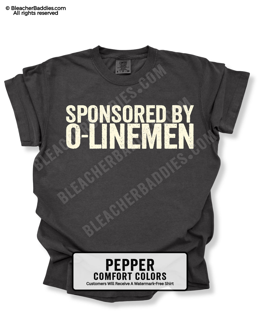Pepper Comfort Colors quarterback graphic tee with "Sponsored by O-Linemen" design, shown as a flat lay.
