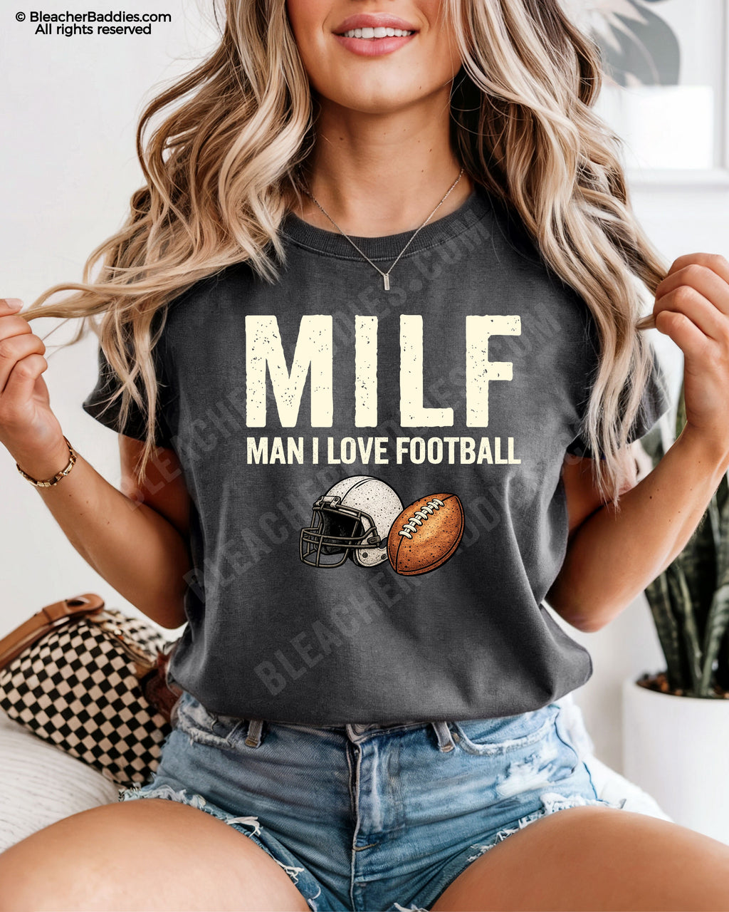 Pepper Comfort Colors t-shirt featuring "MILF (Man I Love Football)" with a vintage football helmet and football graphic. Funny football fan shirt for moms, game day, tailgates, and Friday night lights.