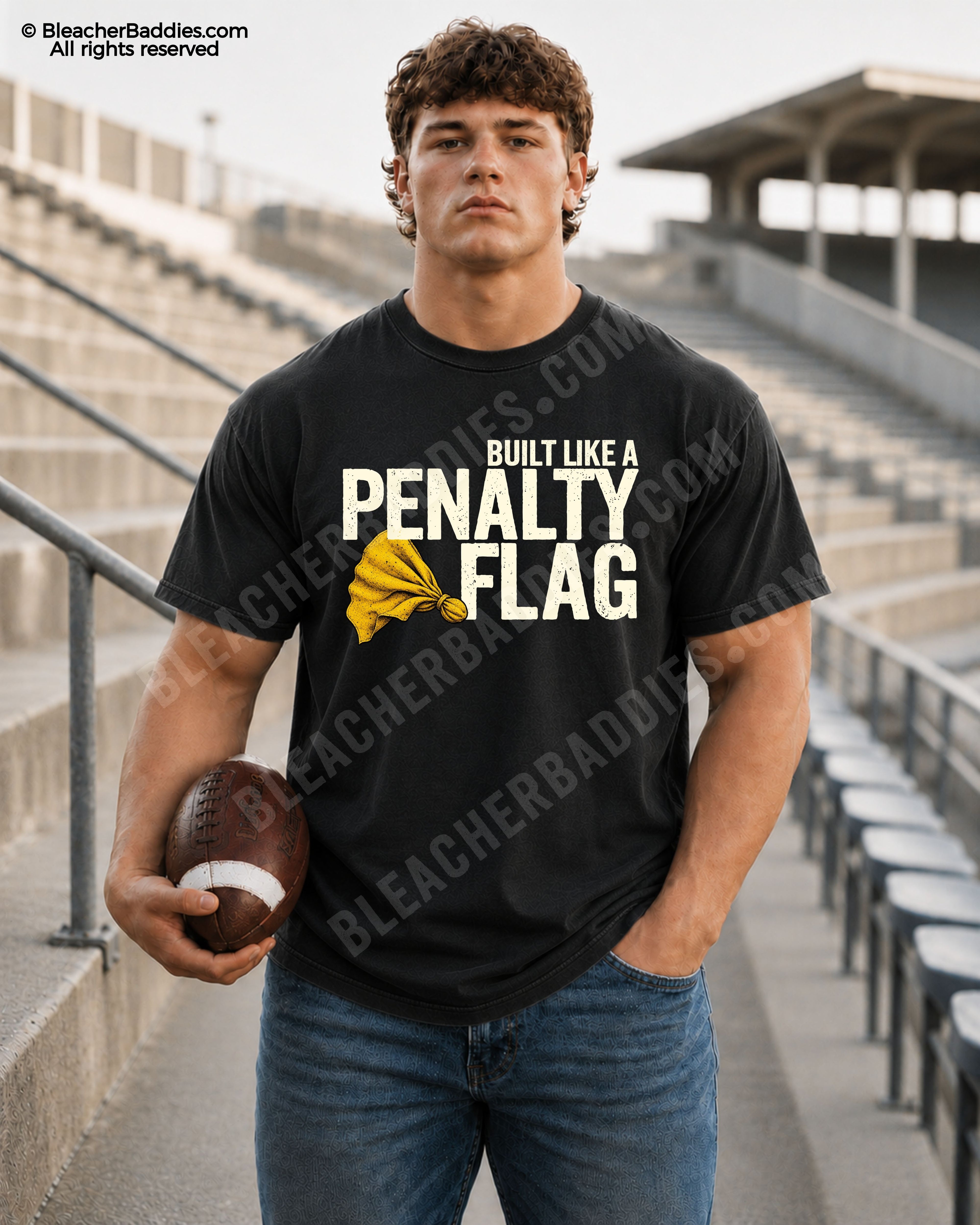 Athletic high school football player model standing in concrete stadium bleachers wearing a black Comfort Colors style shirt with distressed “Built Like A Penalty Flag” design and yellow penalty flag graphic while holding a football.