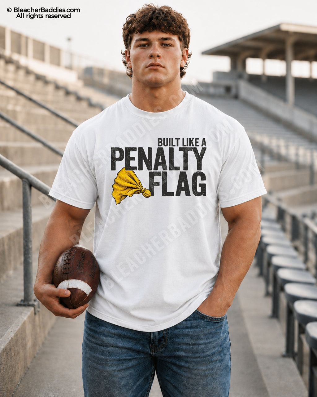 Athletic high school football player model standing in concrete stadium bleachers wearing a WHITE Comfort Colors style shirt with distressed “Built Like A Penalty Flag” design and yellow penalty flag graphic while holding a football.